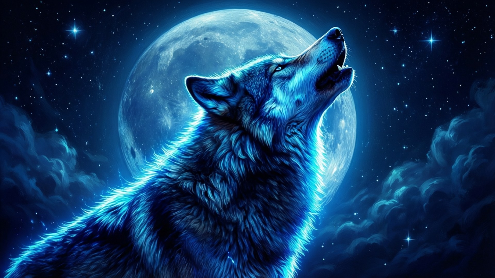 Neon Blou Wolf Muurpapier