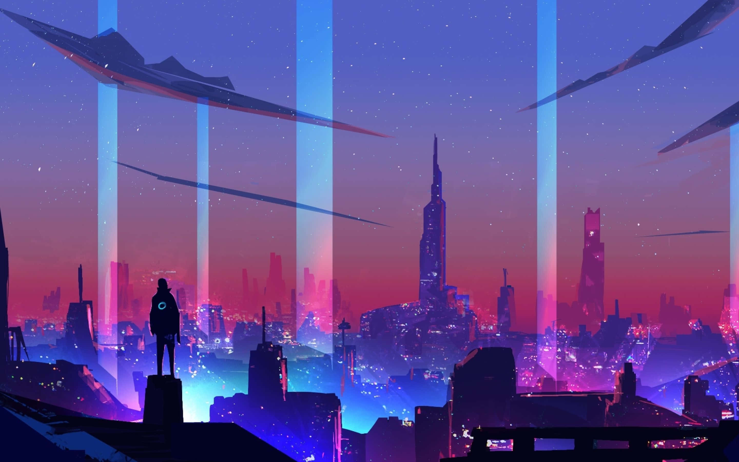 Neon City agtergrond Muurpapier