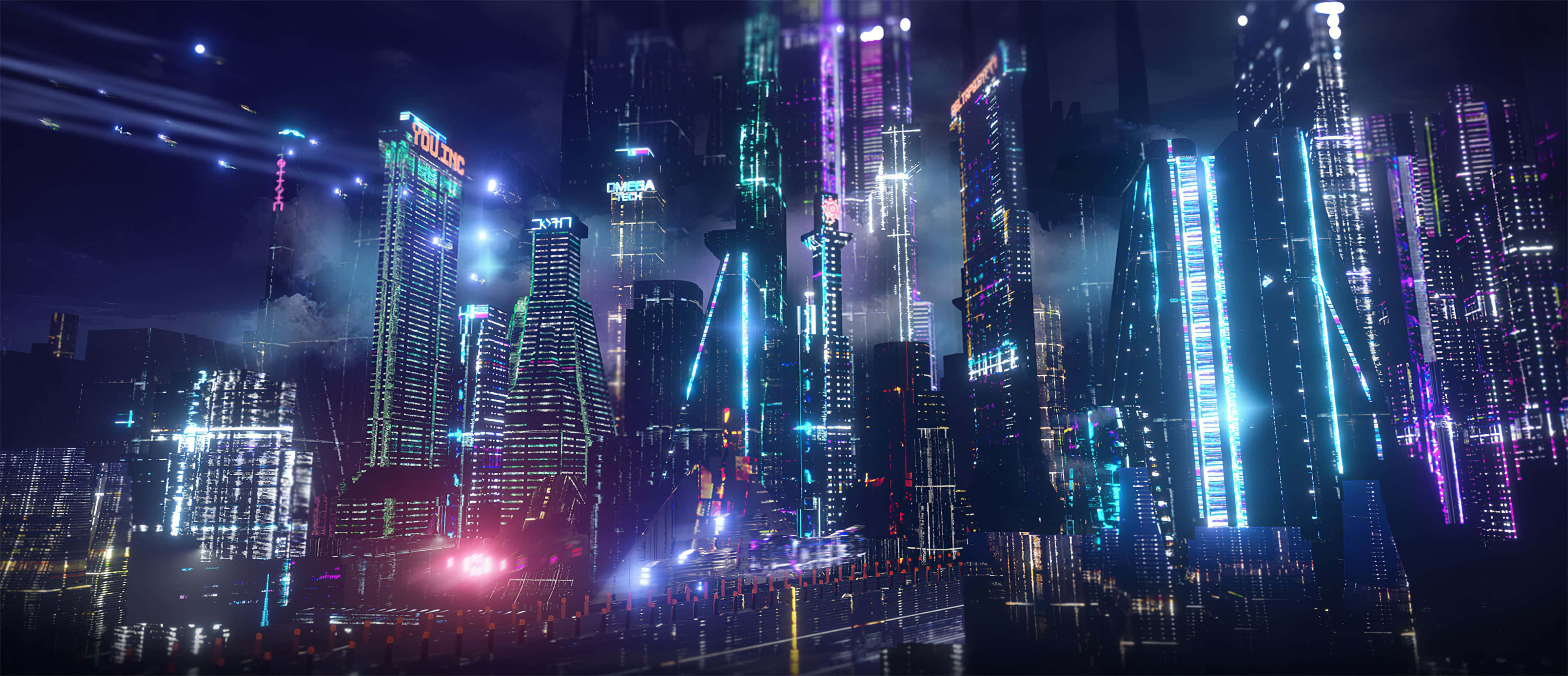 Neon City agtergrond Muurpapier