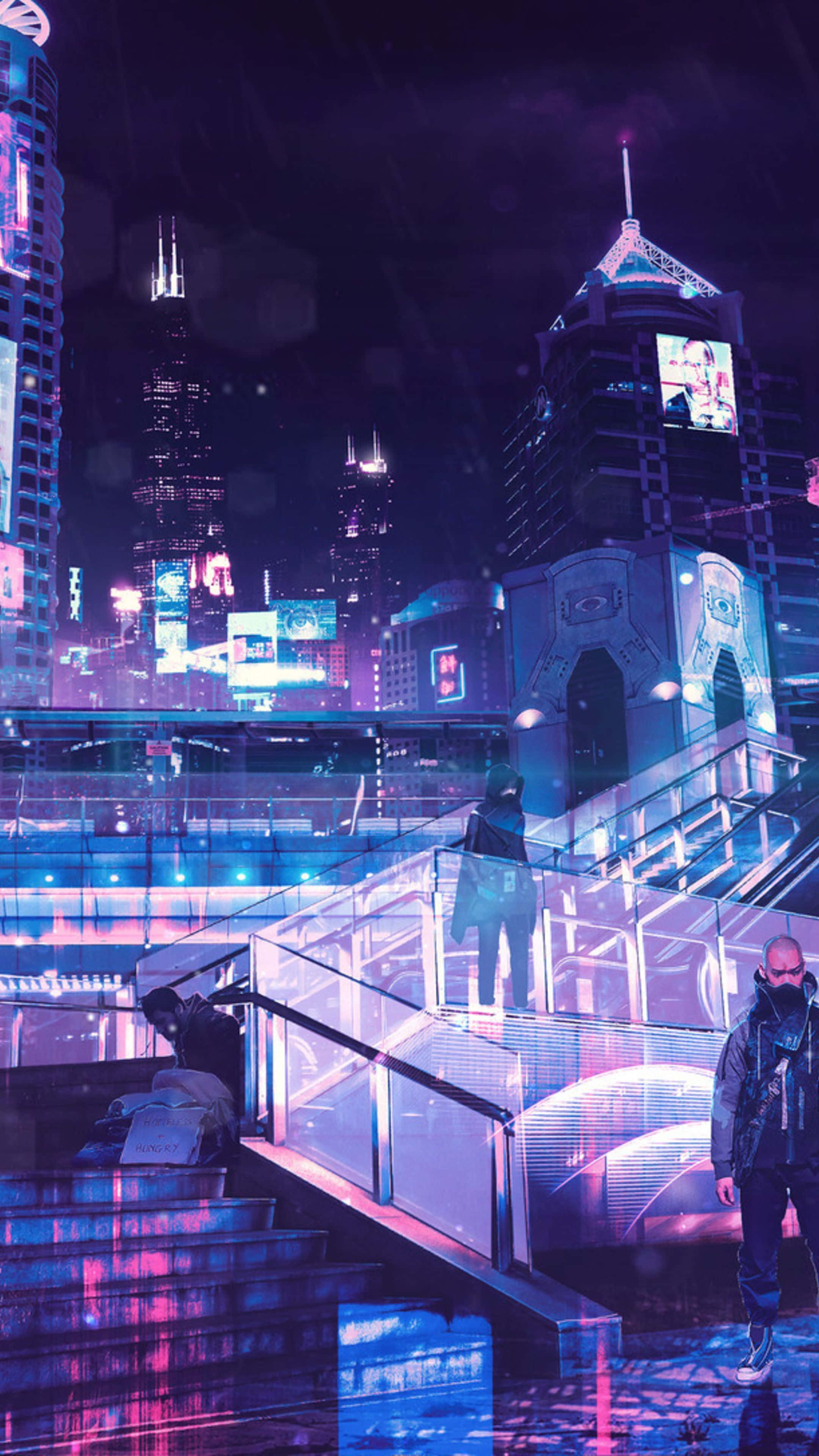 Neon City agtergrond Muurpapier