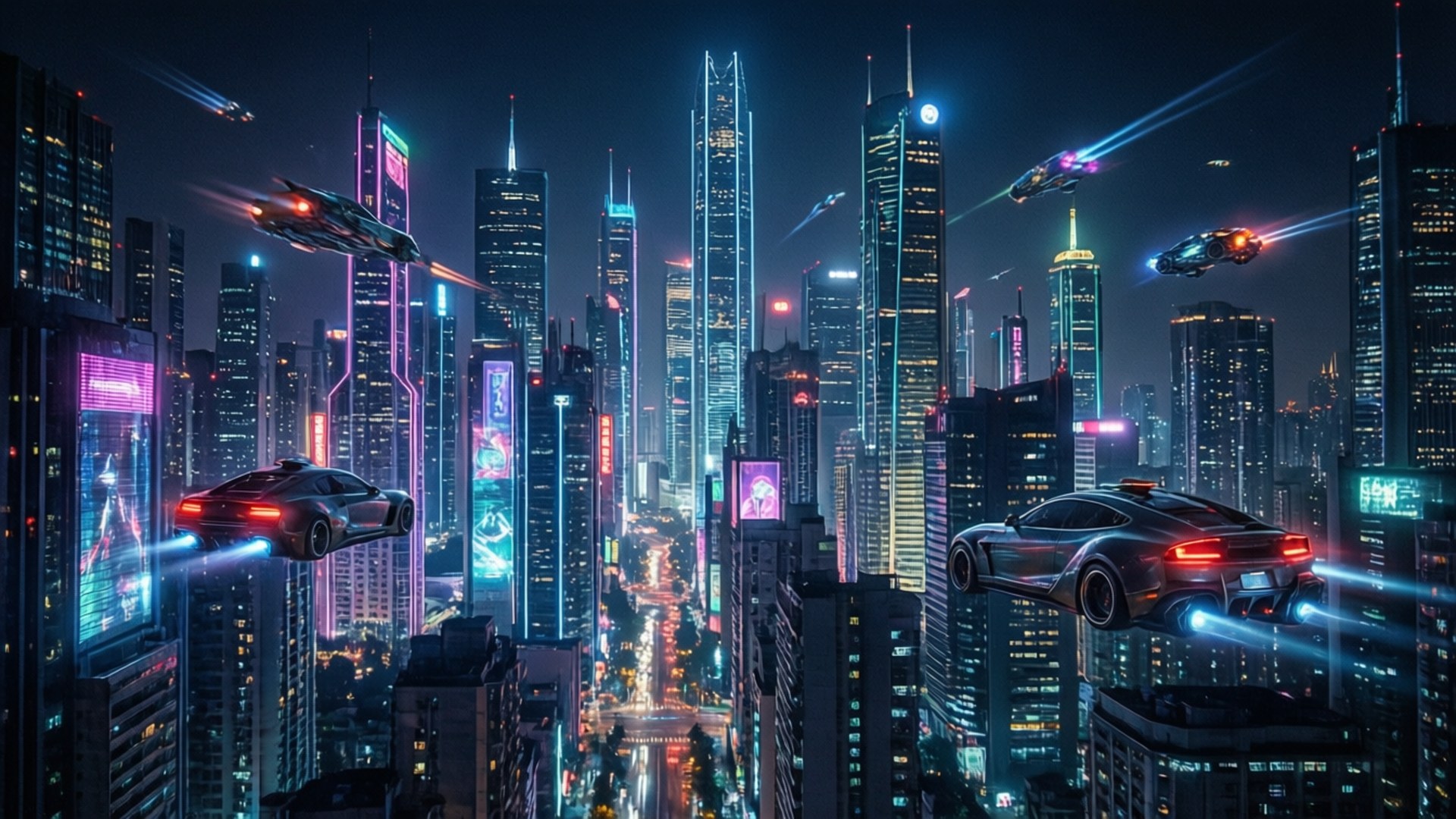 Neon Cyberpunk Stad Muurpapier