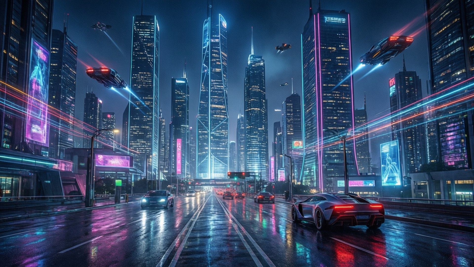 Neon Cyberpunk Stad Muurpapier