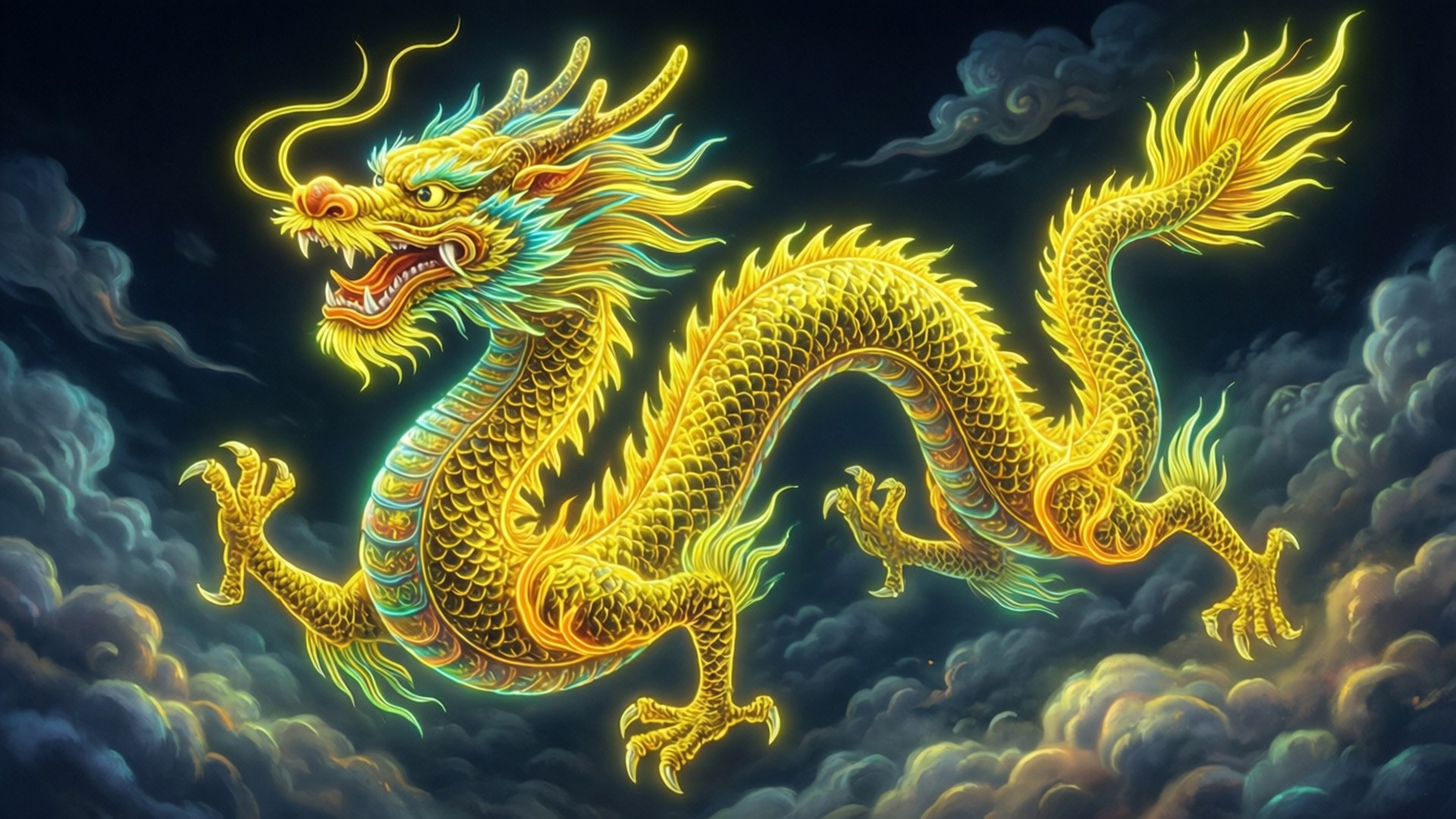 Neon Geel Chinese Draak Muurpapier