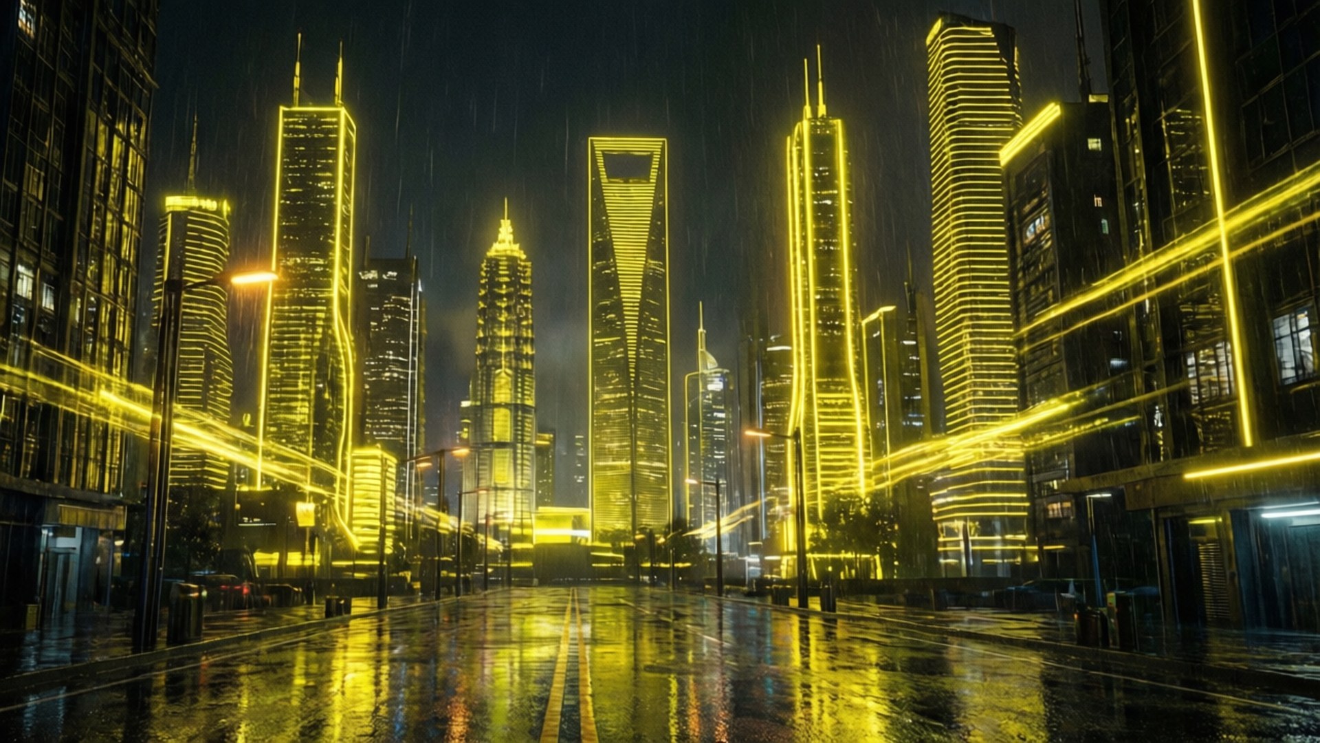 Neon Geel Cyberpunk Stad Muurpapier