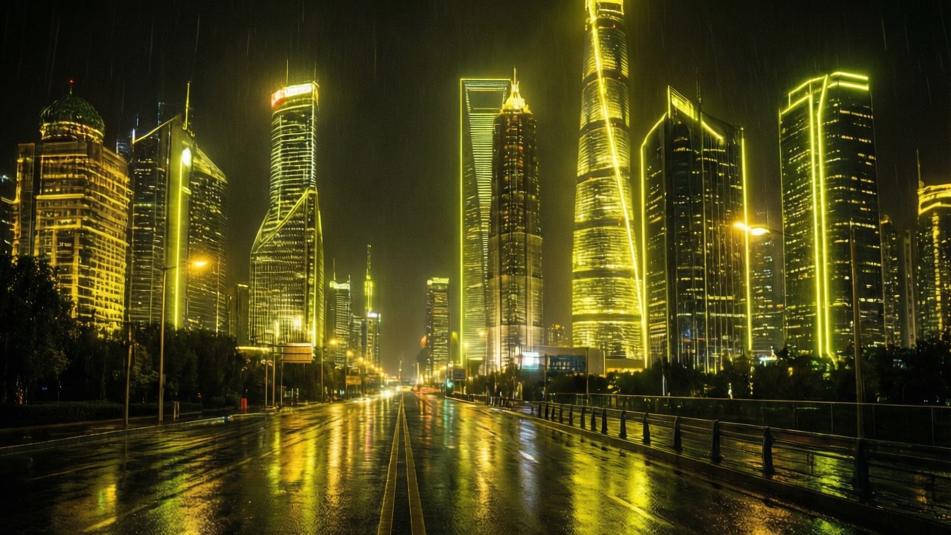 Neon Geel Cyberpunk Stad Muurpapier