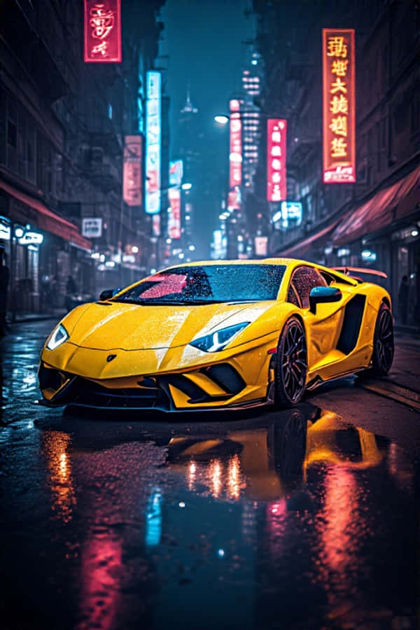 Neon Geel Lamborghini in die Nag Futuristiese 4K Stadligte Portret Muurpapier