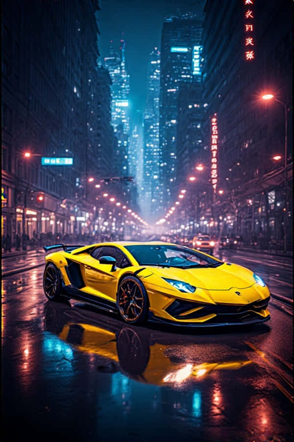 Neon Geel Lamborghini in die Nag Futuristiese 4K Stadligte Portret Agtergrond Muurpapier