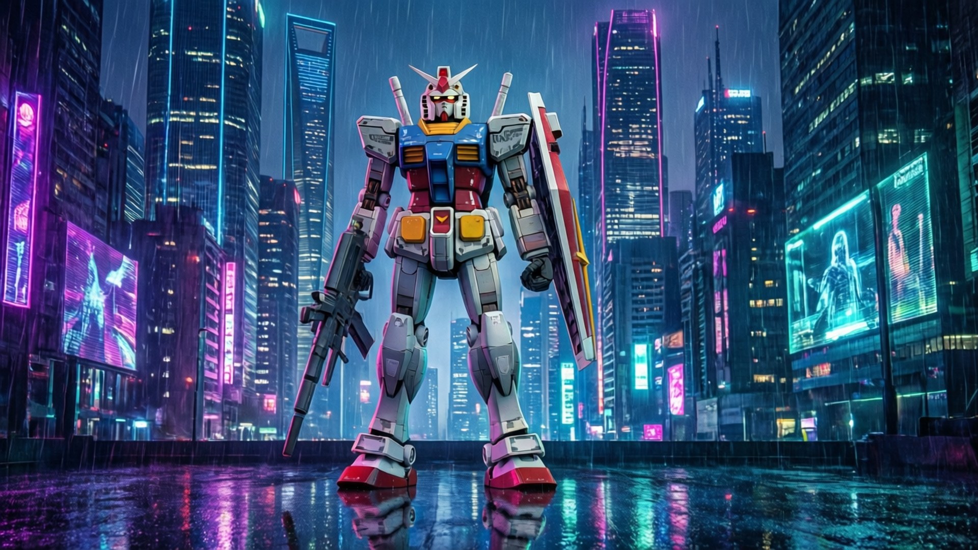 Neon Gundam Stad Muurpapier
