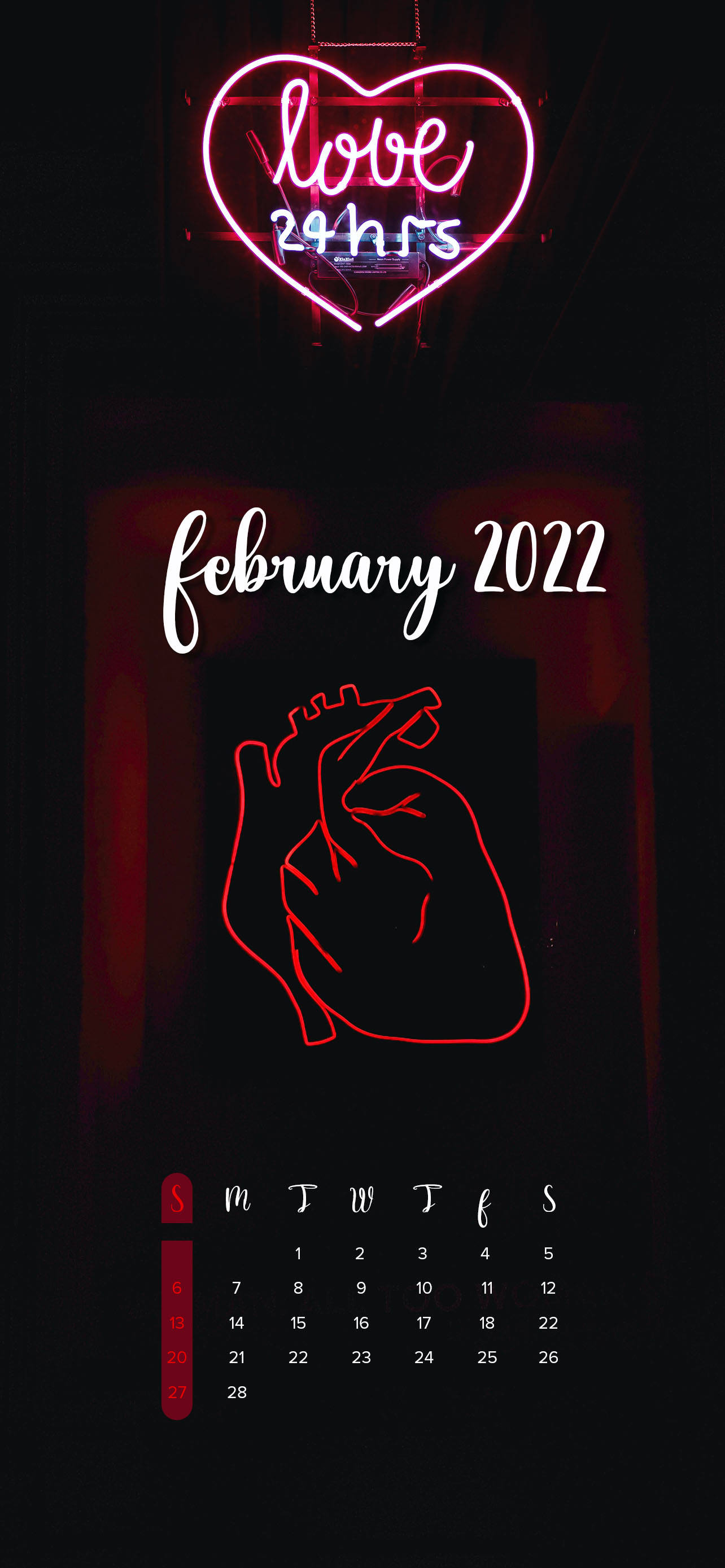 Neon Hart Februarie 2022 Kalender Muurpapier