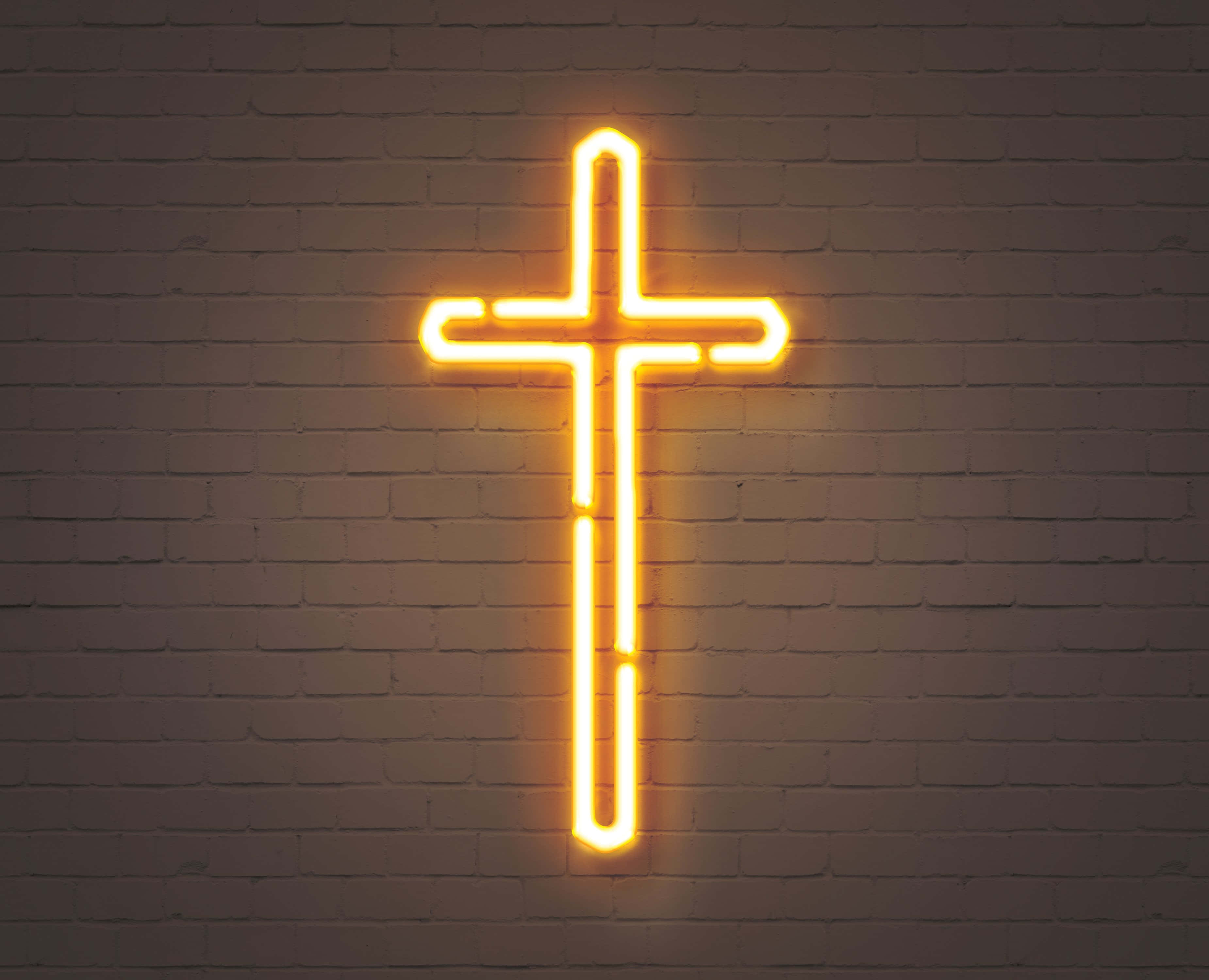 Neon-kruis Baksteenmuur Muurpapier