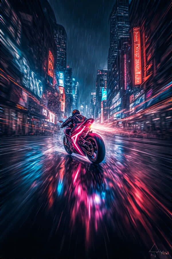 Neon-motorfiets-jaagtog in Donker Stad Dinamies 4K Muurpapier