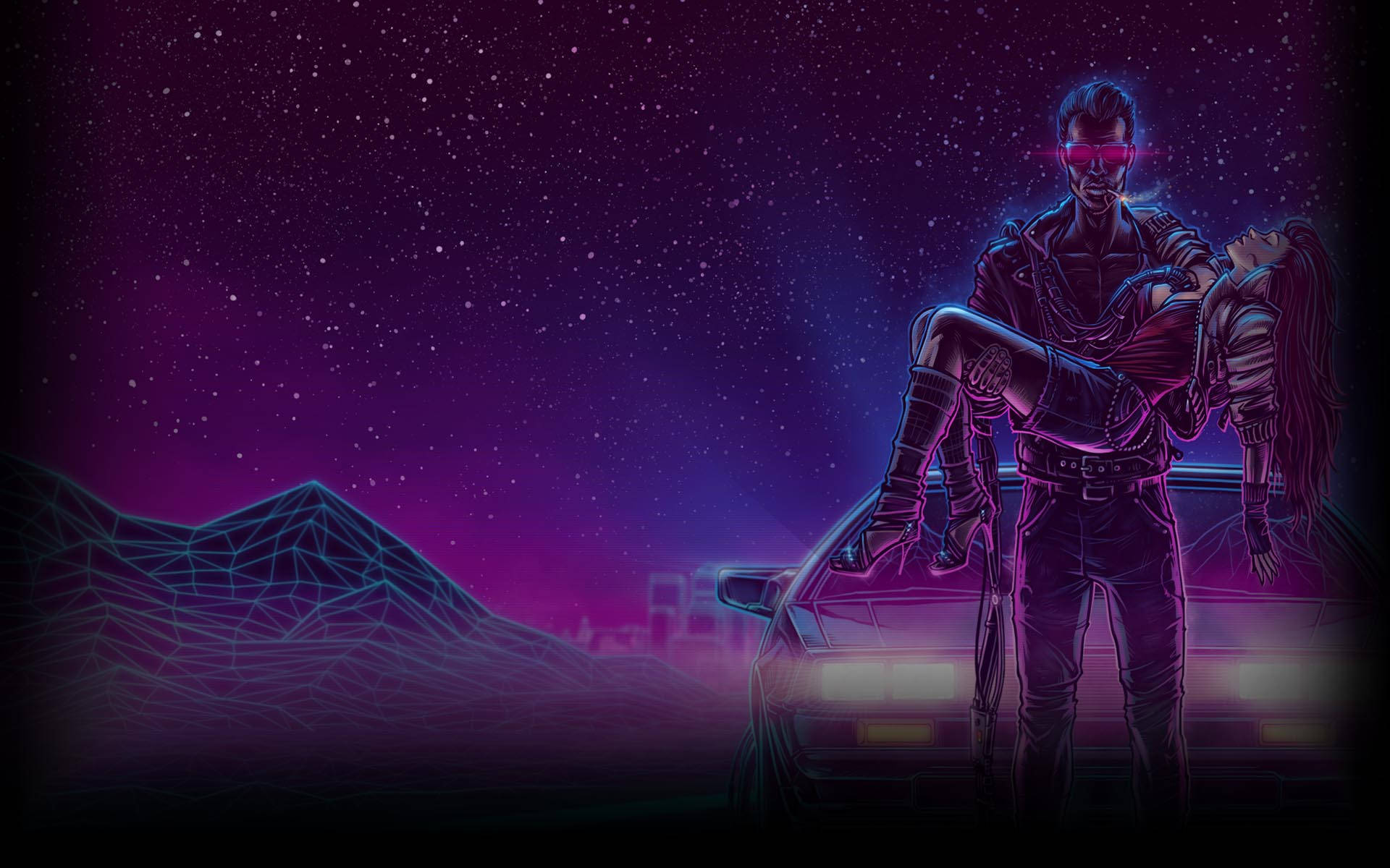 Neon Pers Estetiese Draadraam Cyberpunk Muurpapier