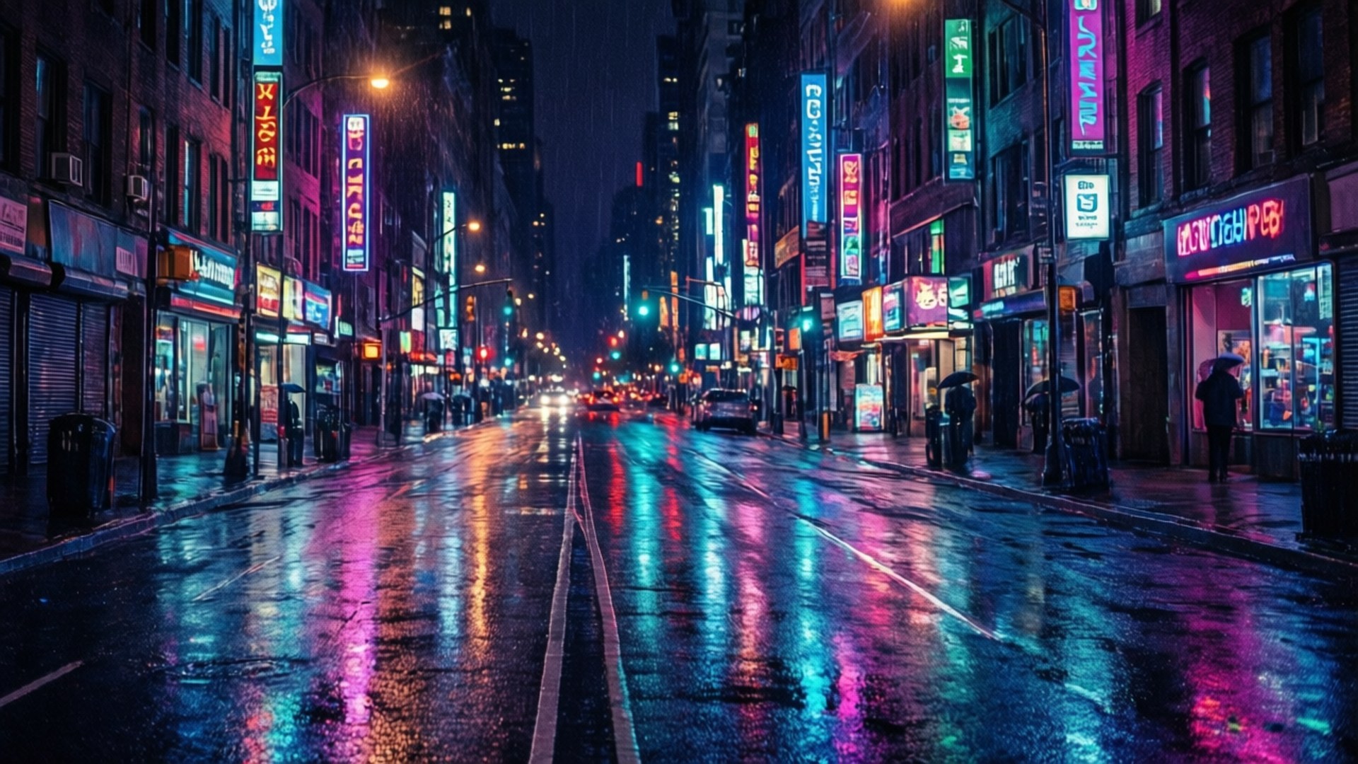 Neon Reën Stad Nag Muurpapier
