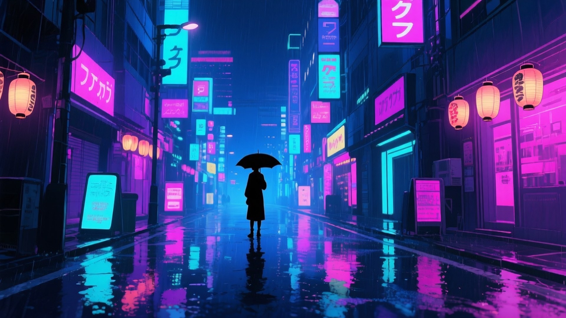Neon Reënstad Muurpapier