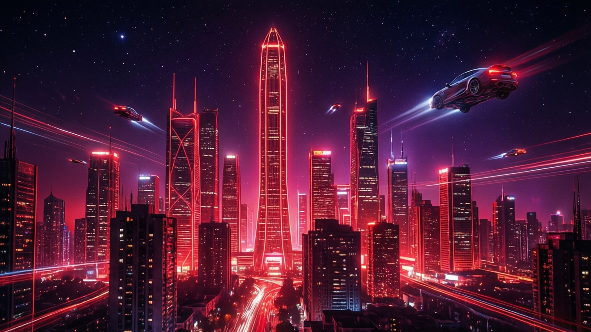 Neon Rooi Cyberpunk Horison Muurpapier