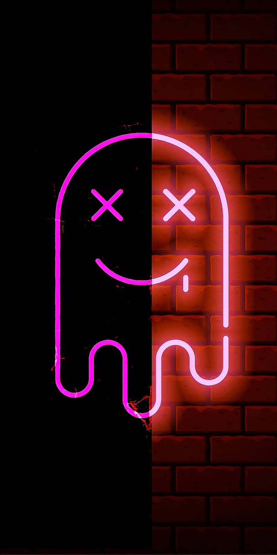 neon teken met 'n glimlaggende gesig op 'n baksteenmuur Muurpapier