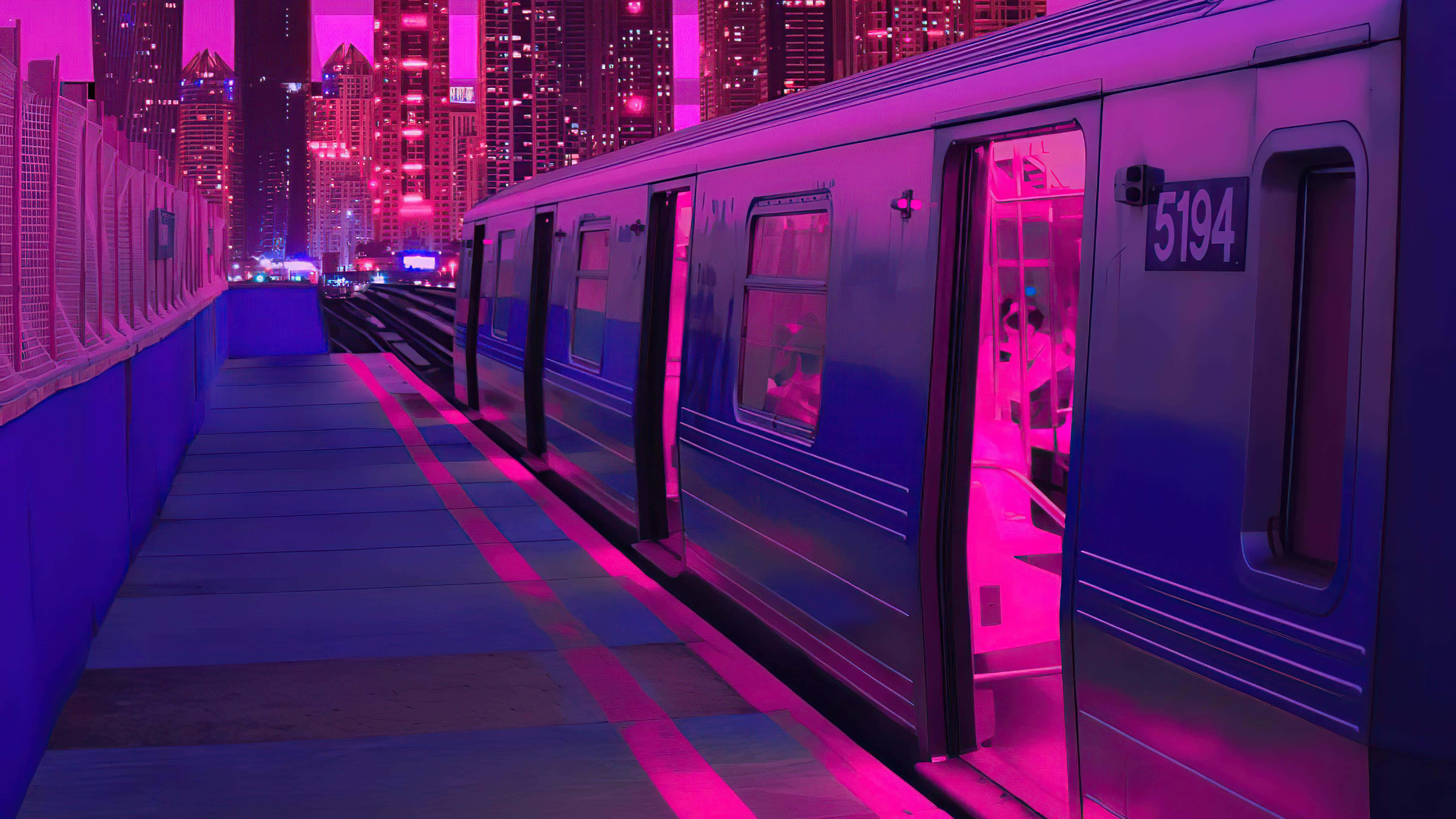 Neon Trein Synthwave Agtergrond Muurpapier