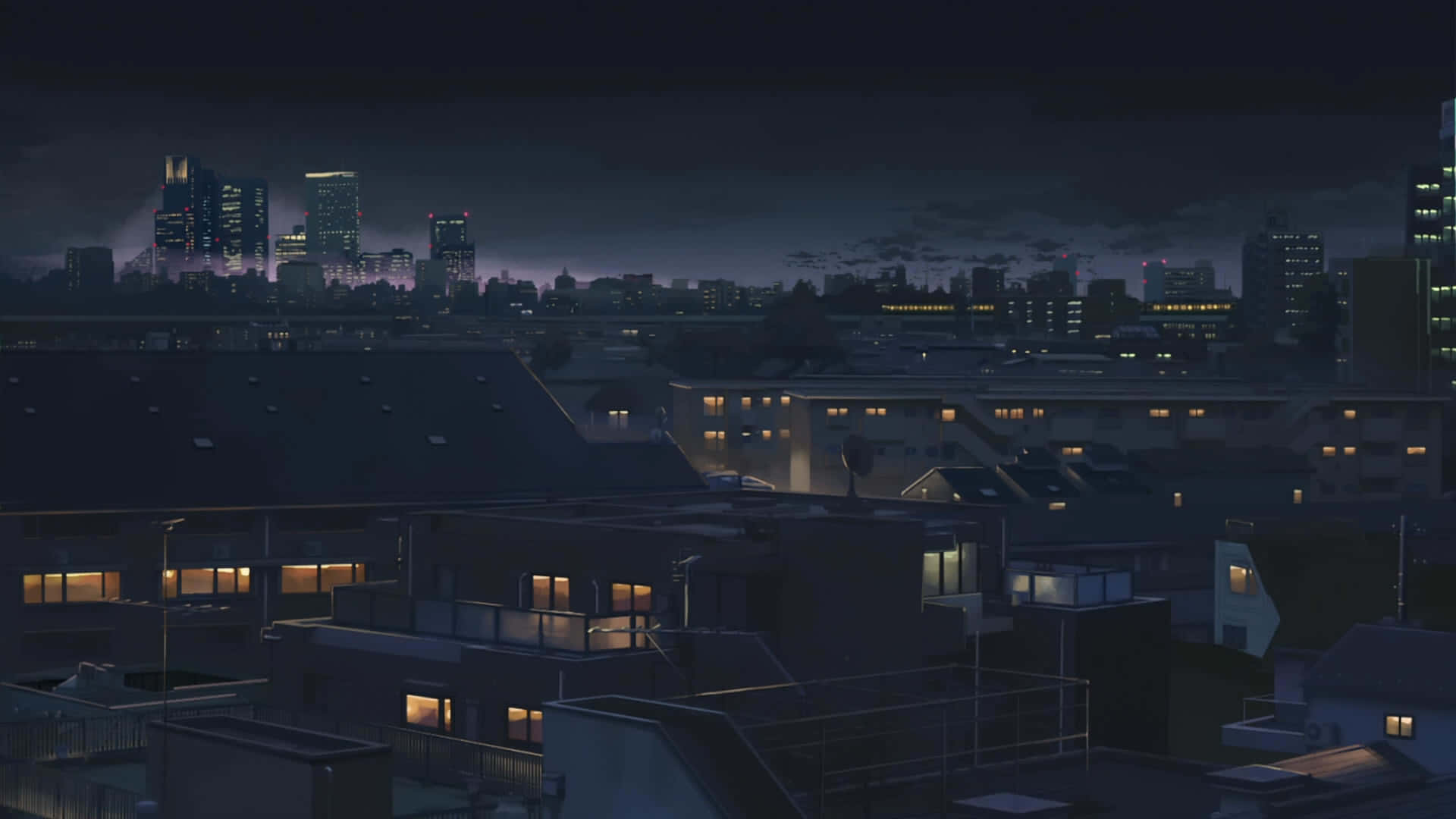 Neonligte verlig die bedrywige Anime City-strate Muurpapier
