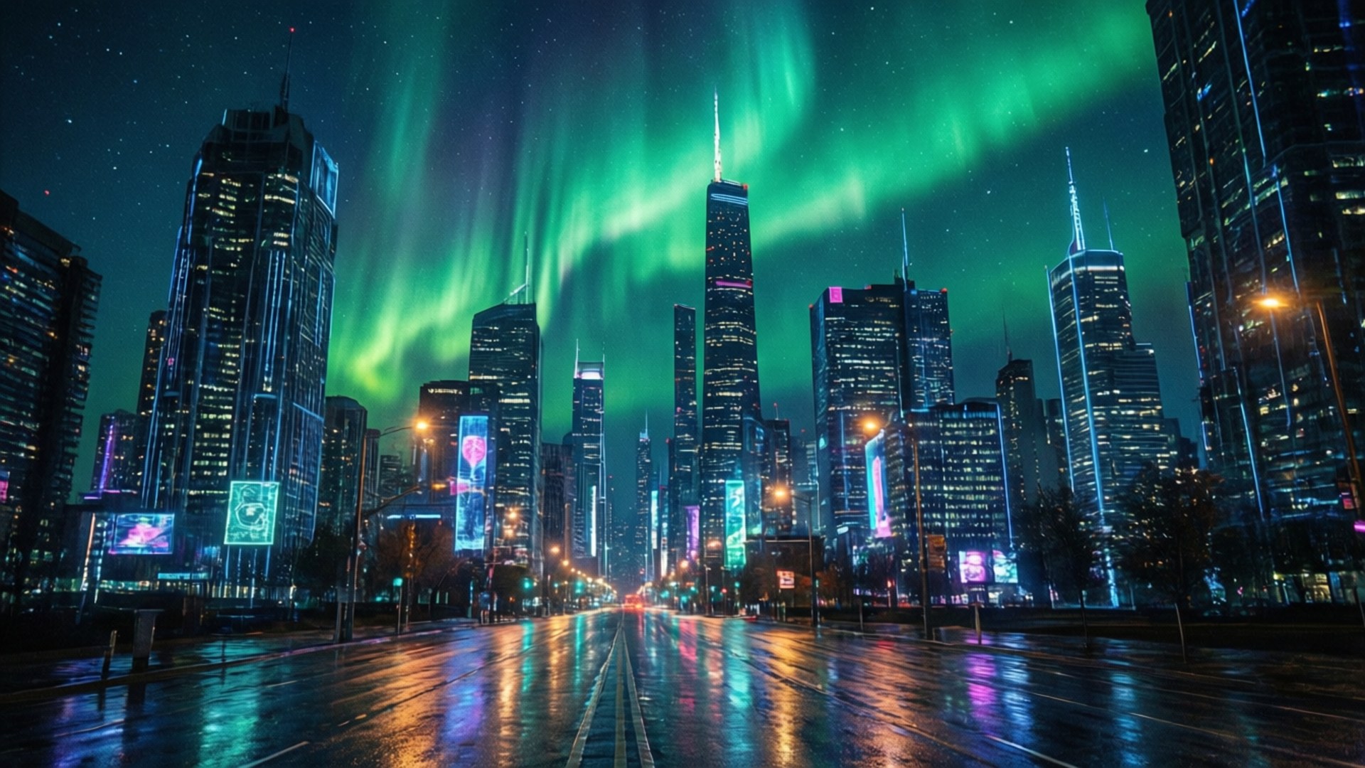 Neonstad Groen Aurora Muurpapier