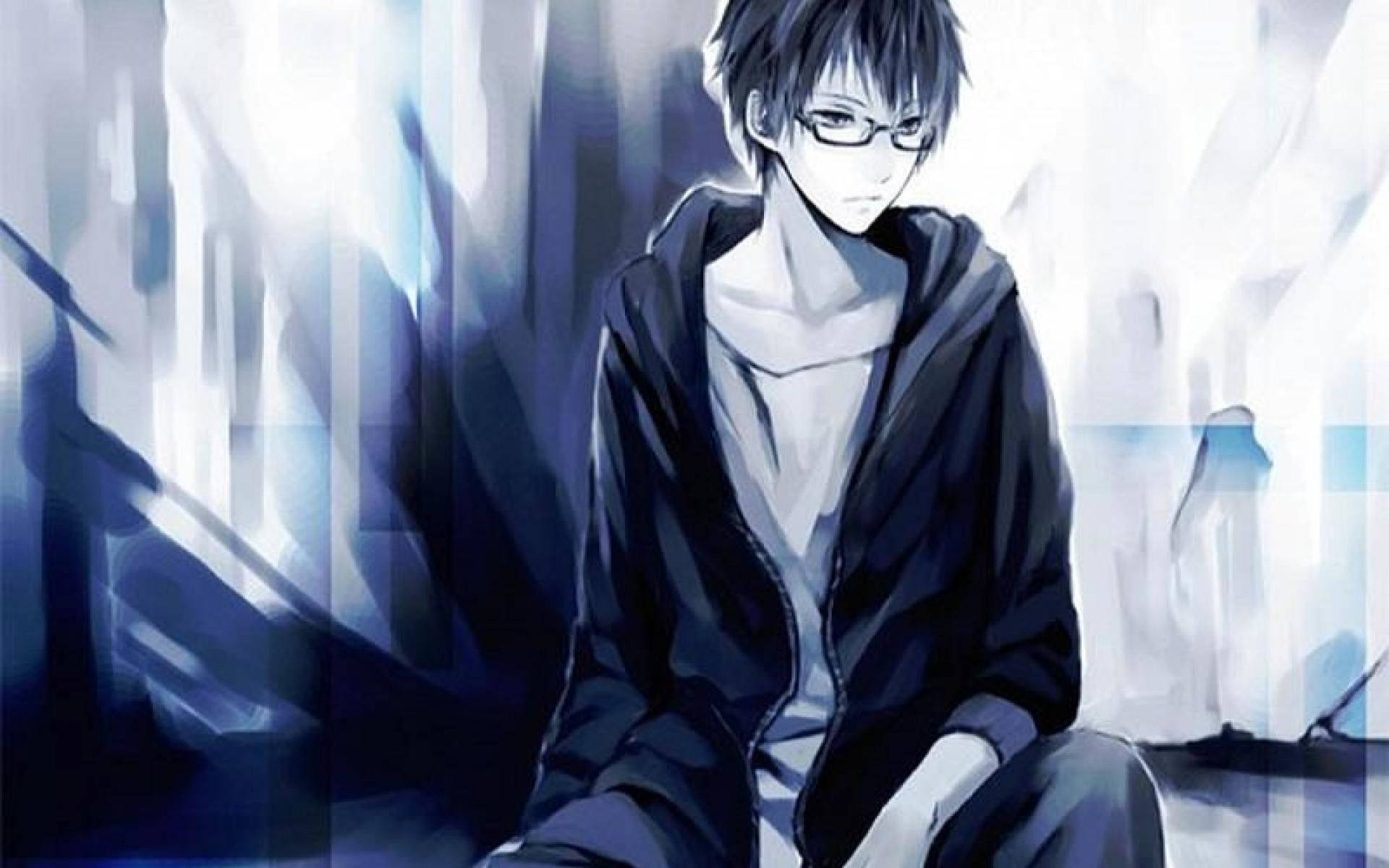 Nerdy anime-seun met bril-agtergrond — Anime seun Muurpapier