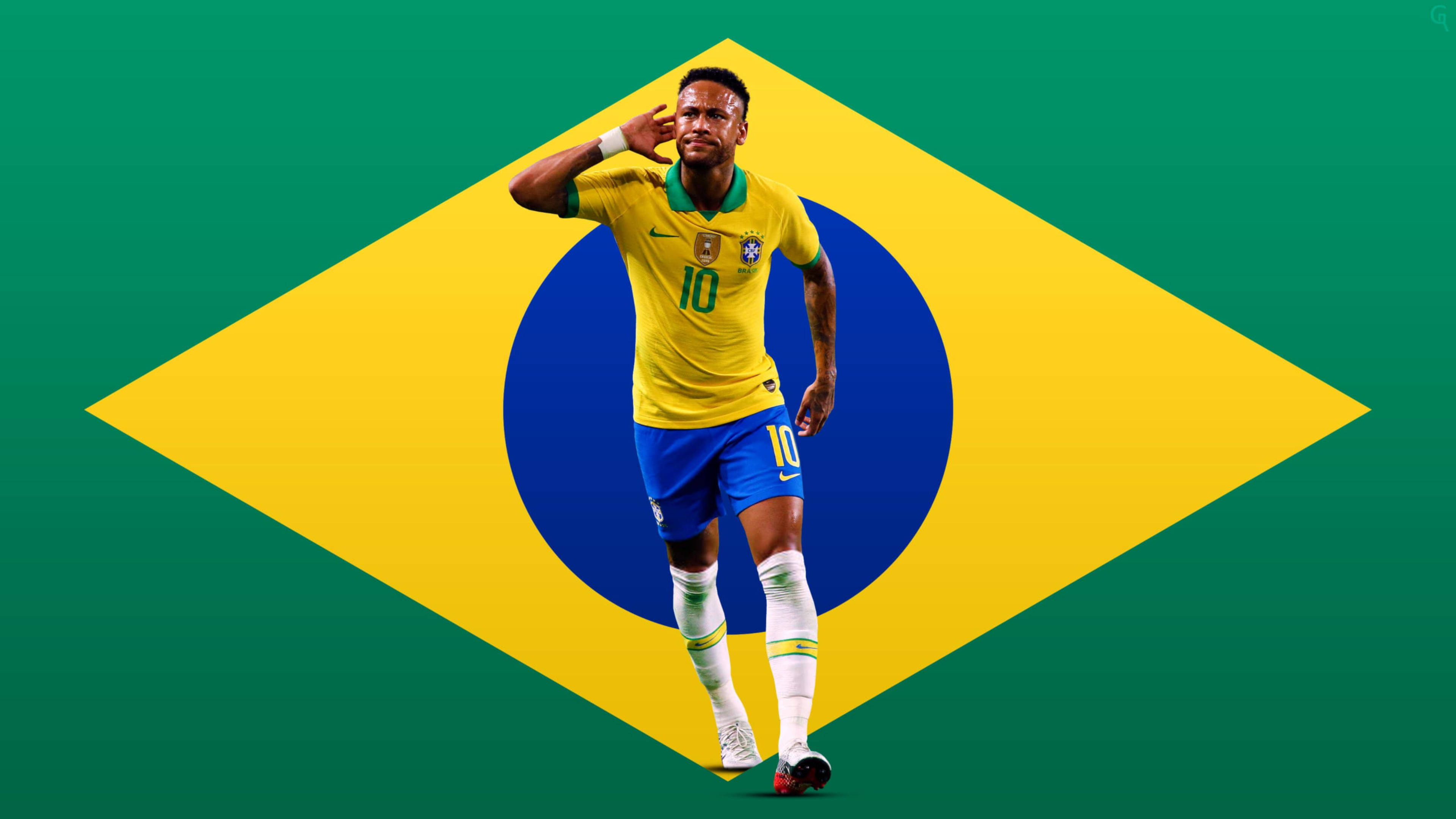 Neymar 4K op Vereenvoudigde Brasilië-vlag Muurpapier
