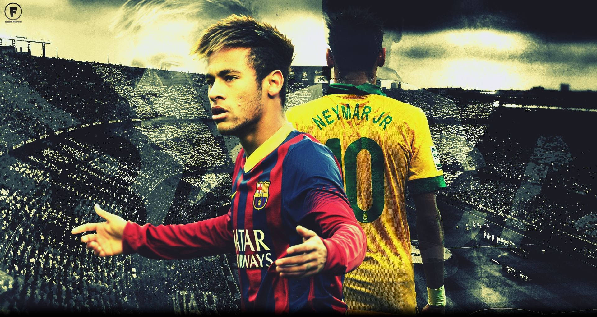 Neymar in Barca en CBF-trui-agtergrond.