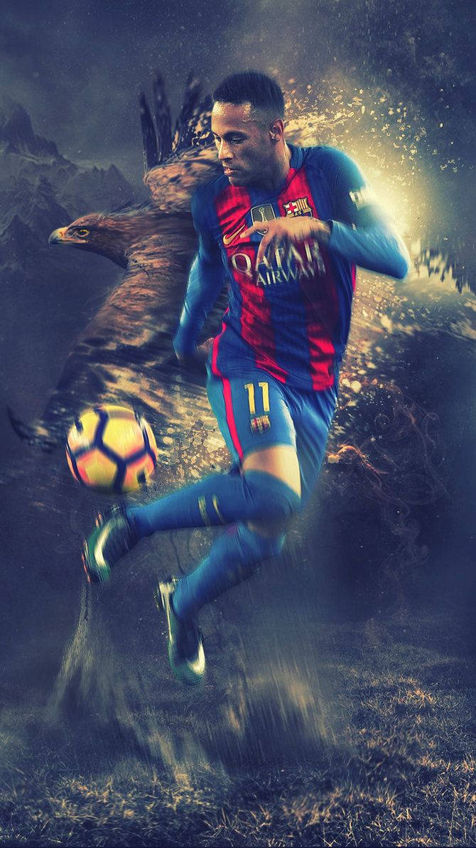 Neymar Dribbel Soos 'n Valk-agtergrond.
