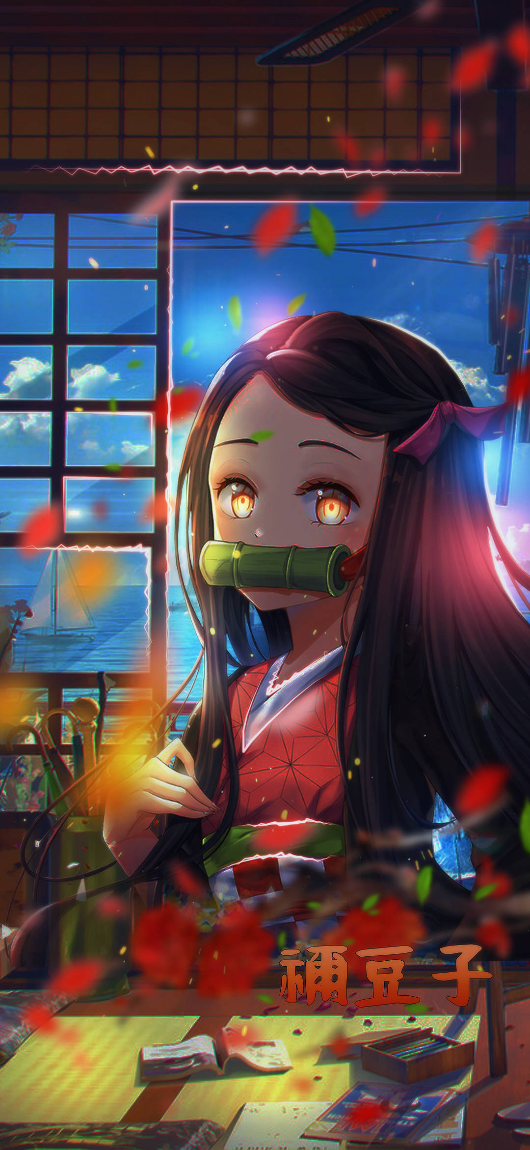 Nezuko Foon Vallende Blare Muurpapier