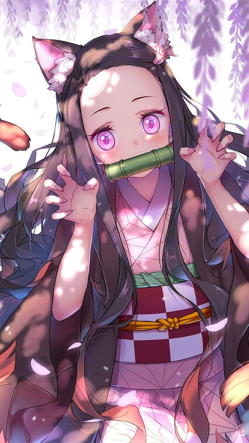 Nezuko met Katore uit Demon Slayer Muurpapier
