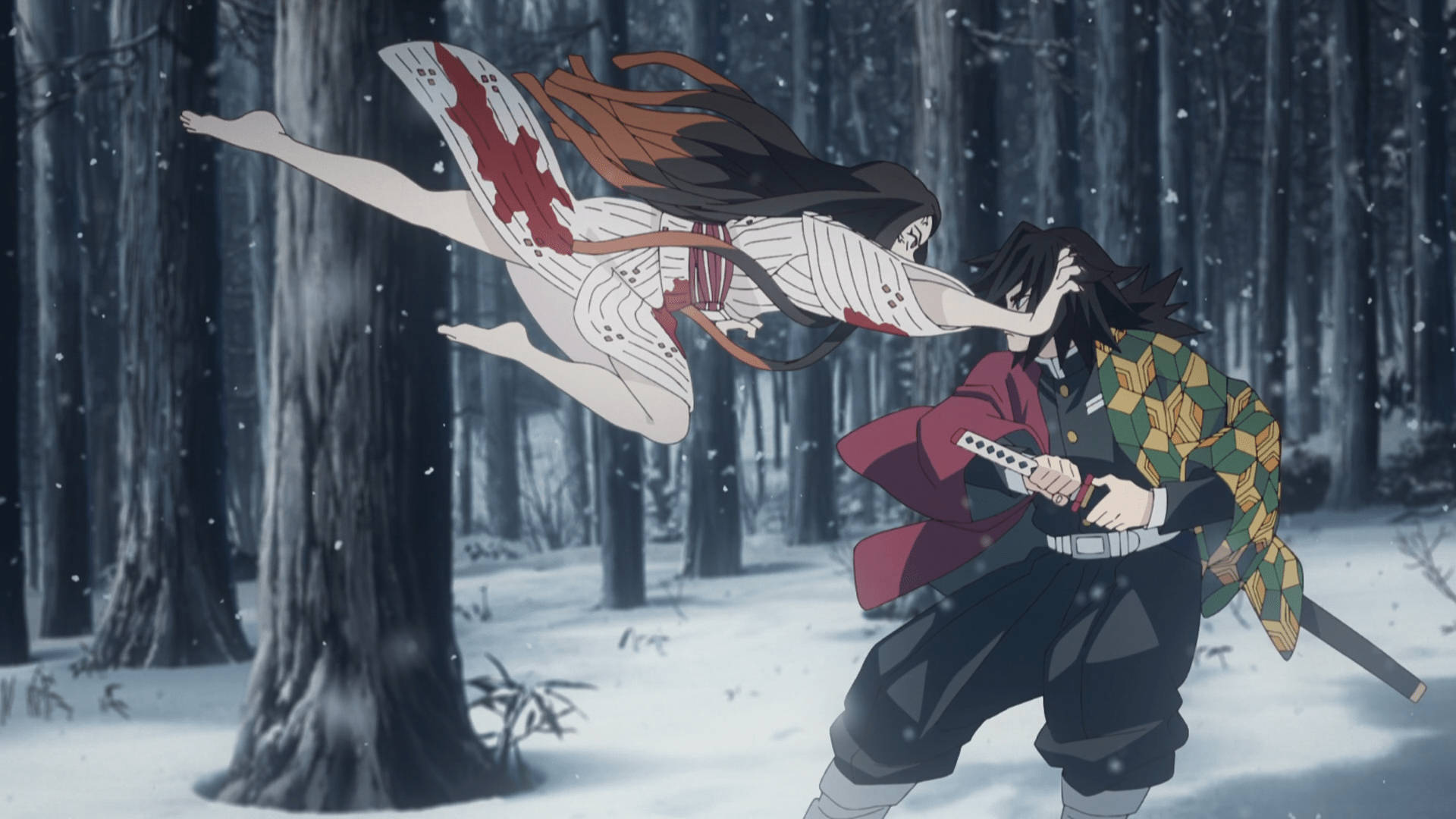 Demon Slayer-agtergrond van Nezuko wat die Water Hashira, Giyu Tomioka, aanval. — Demon Slayer Muurpapier