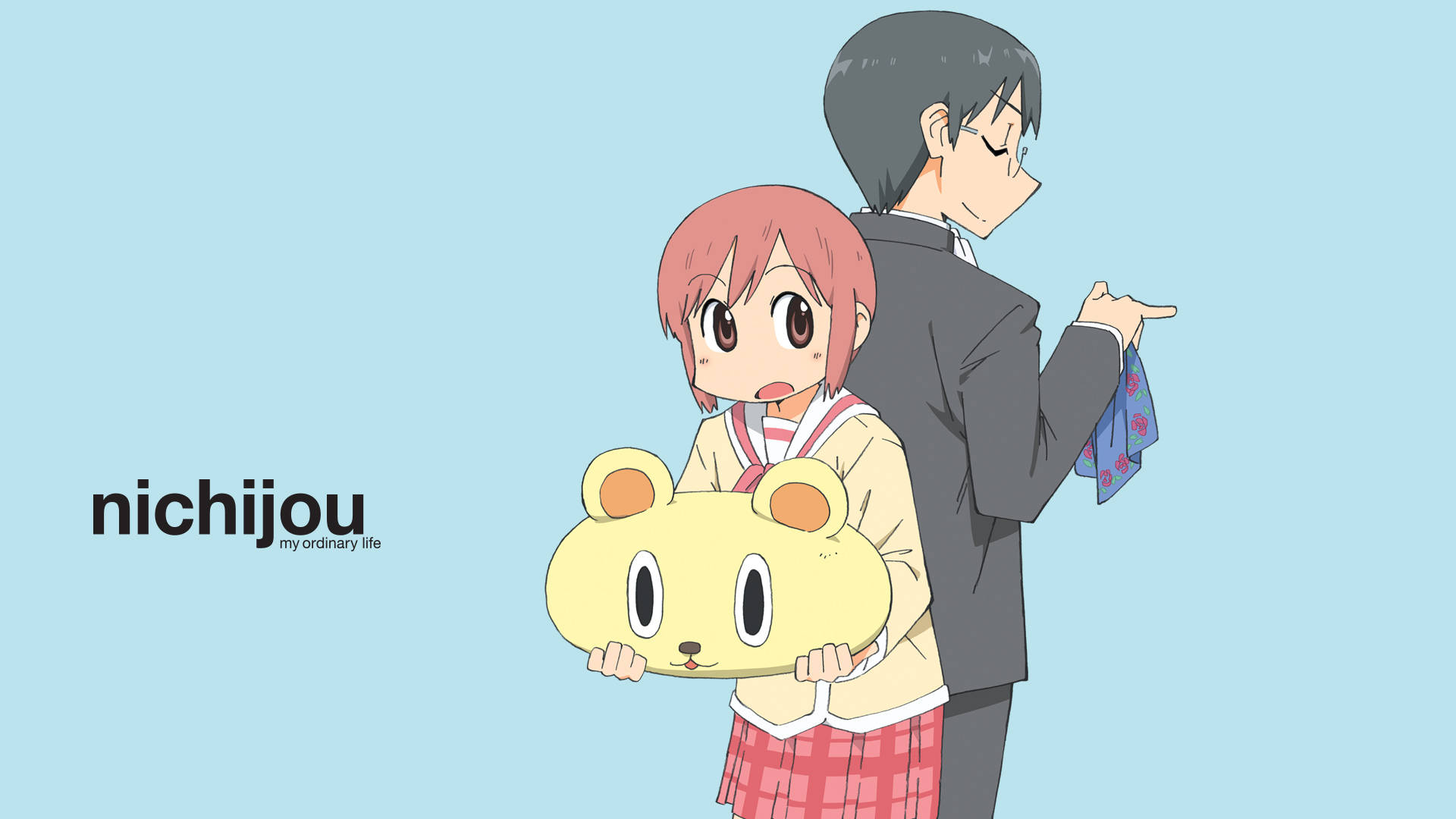 Nichijou Koujirou en Misato met Blou Agtergrond Muurpapier
