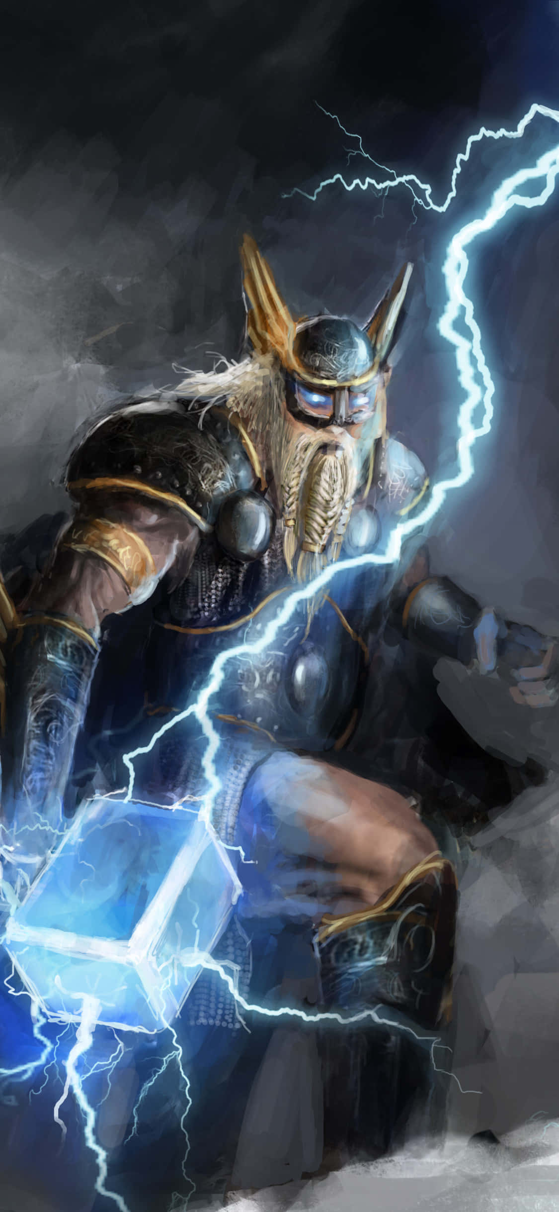 Odin sit op sy troon, omraam deur mistieke wolke en verlig deur 'n onbekende bron. Muurpapier
