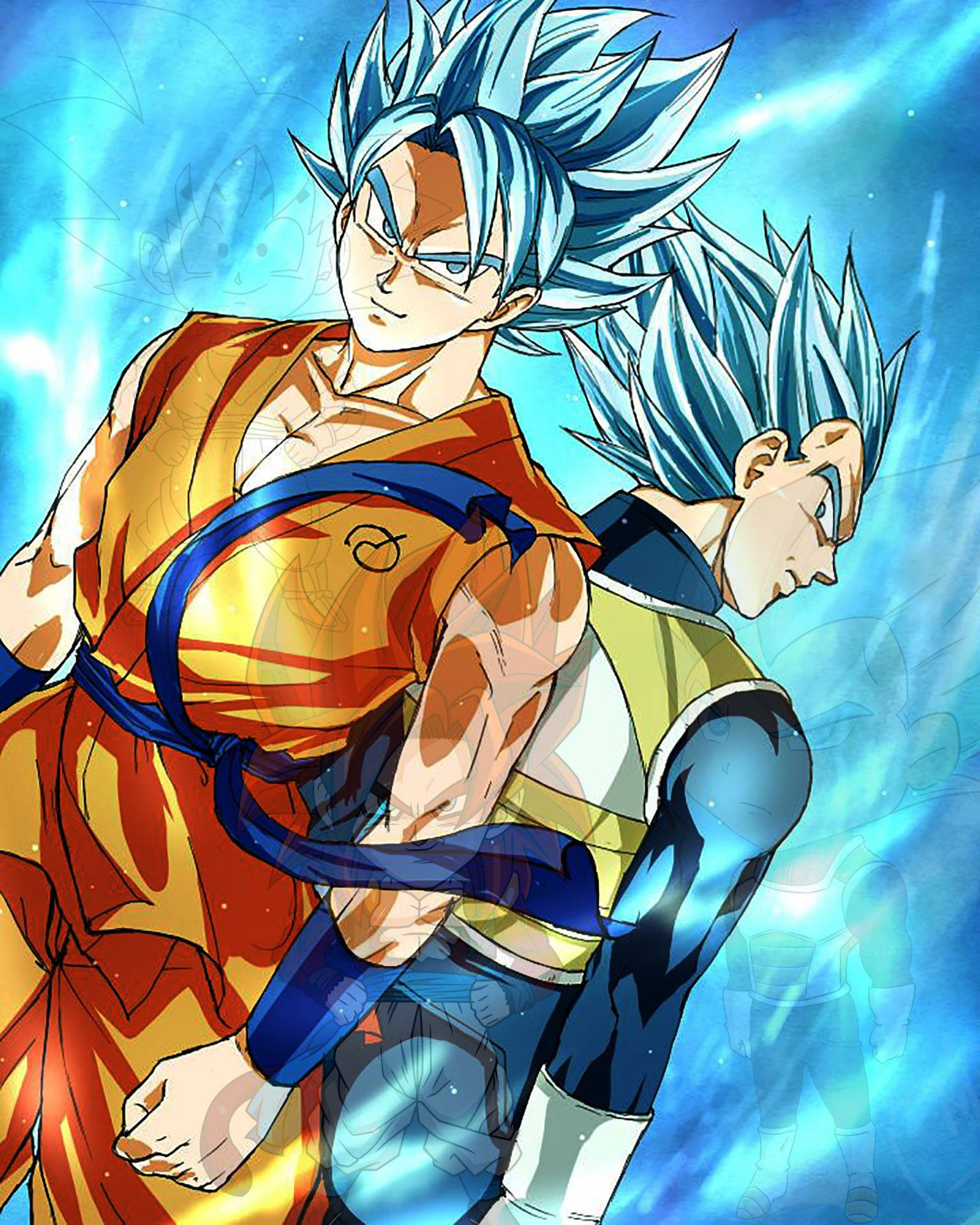 Dragon Ball Super broly met San Goku en Vegeta in 'n blou vurige plek, super saiyans anime. — Dragon ball super GIF Muurpapier