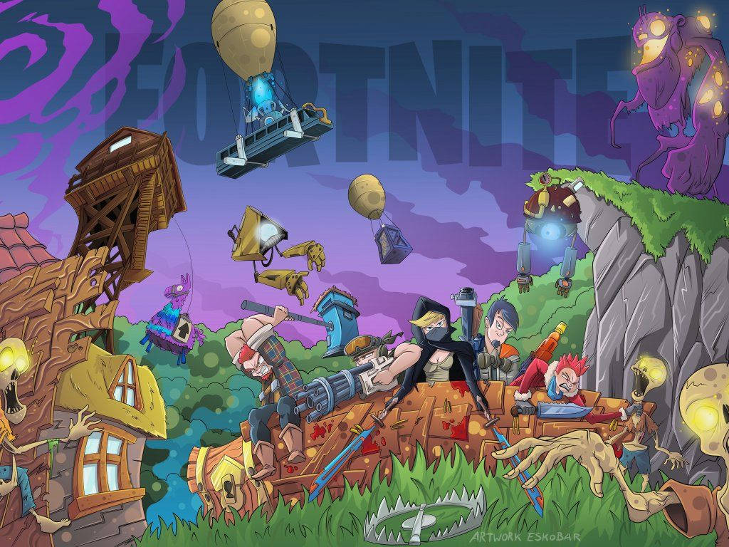 Oulike en kleurvolle geanimeerde kuns van Fortnite gedurende die nag HD-agtergrond. — Fortnite Muurpapier
