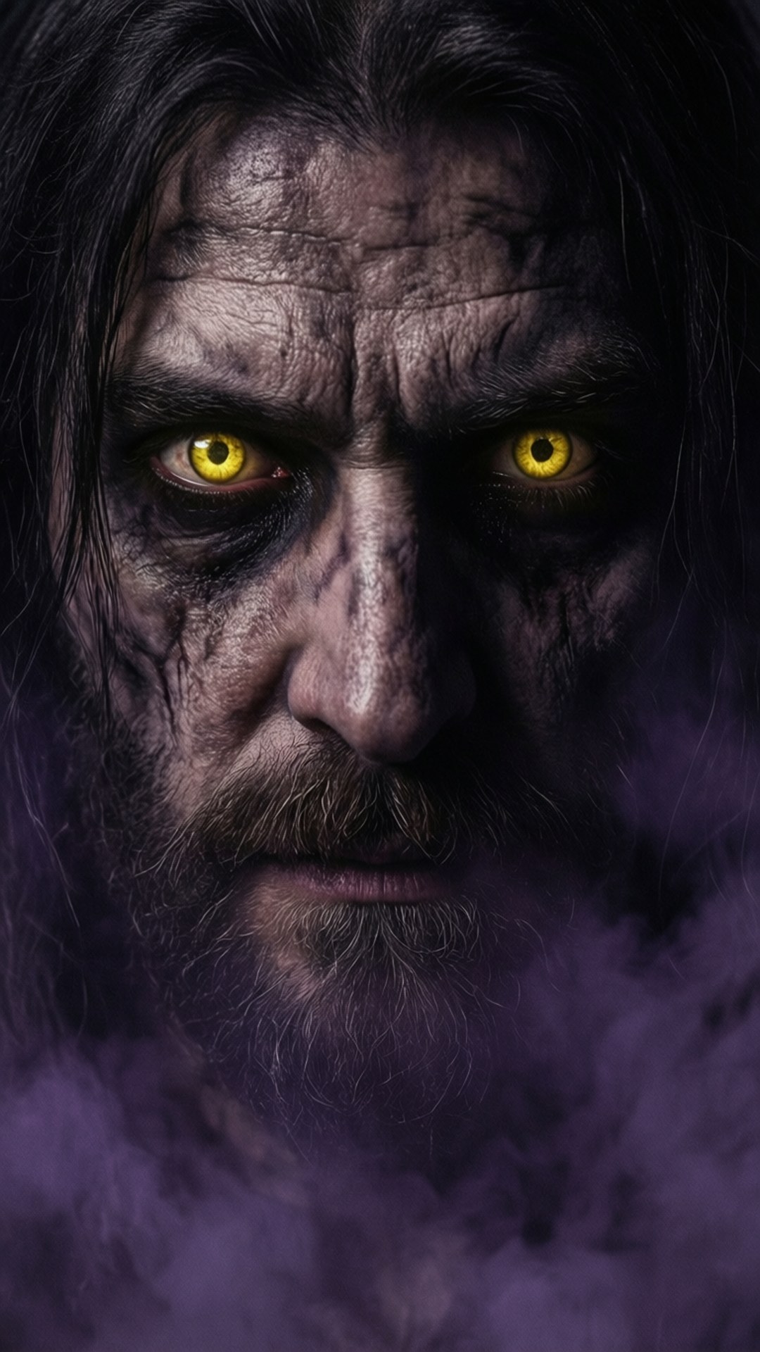 Intense nabyfoto van Omen met gloeiende oë en pers mis