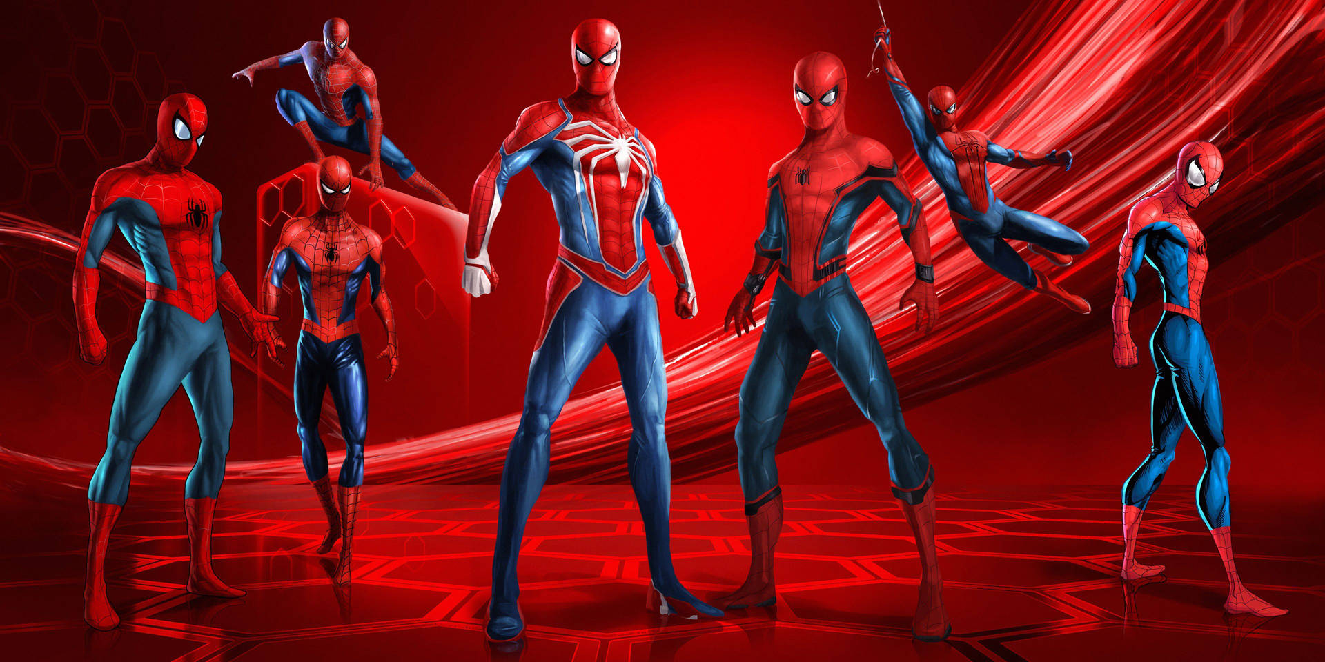 Meervoudige staande en hangende Spiderman op 'n rooi agtergrond, Marvel-superhelde. — Rooi estetiese GIF Muurpapier