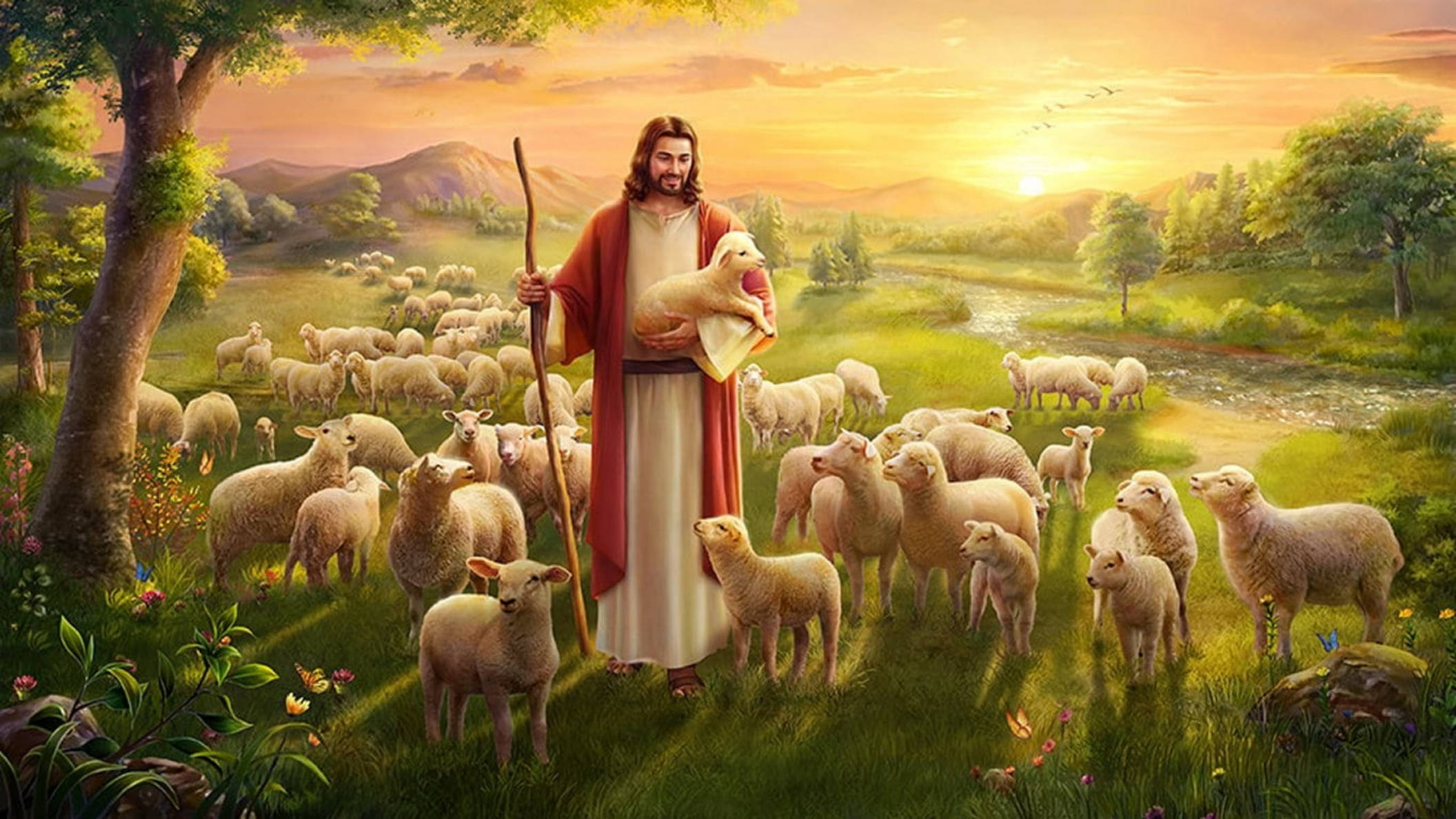 Omring Deur Lammers Jesus Bureaublad Muurpapier