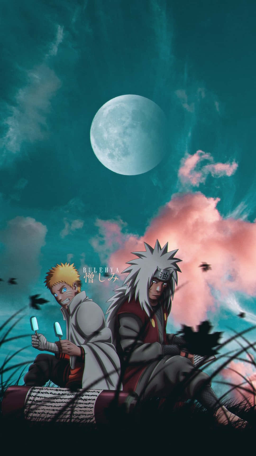 Onder die Maan Jiraiya en Naruto Estetiese Foon Muurpapier