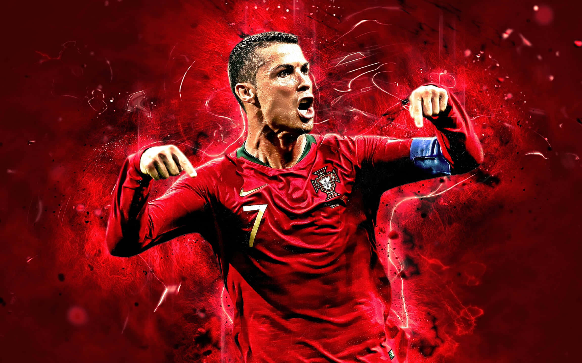 Onderskrif: Cristiano Ronaldo wat die veld oorheers in aksie Muurpapier