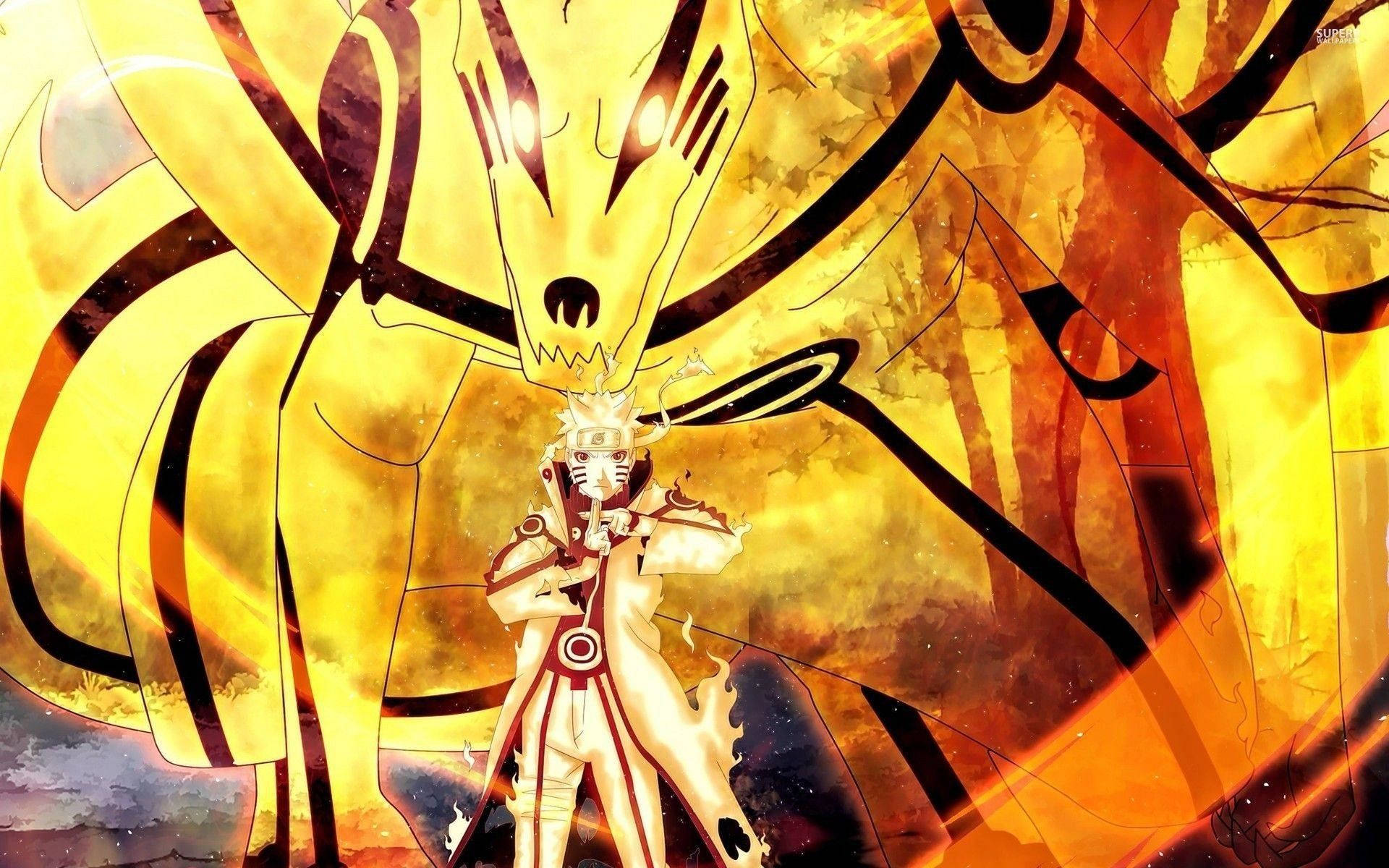 Onderskrif: Enigmatiese Kurama en Biju-modus Naruto Skootrekenaar-agtergrond Muurpapier
