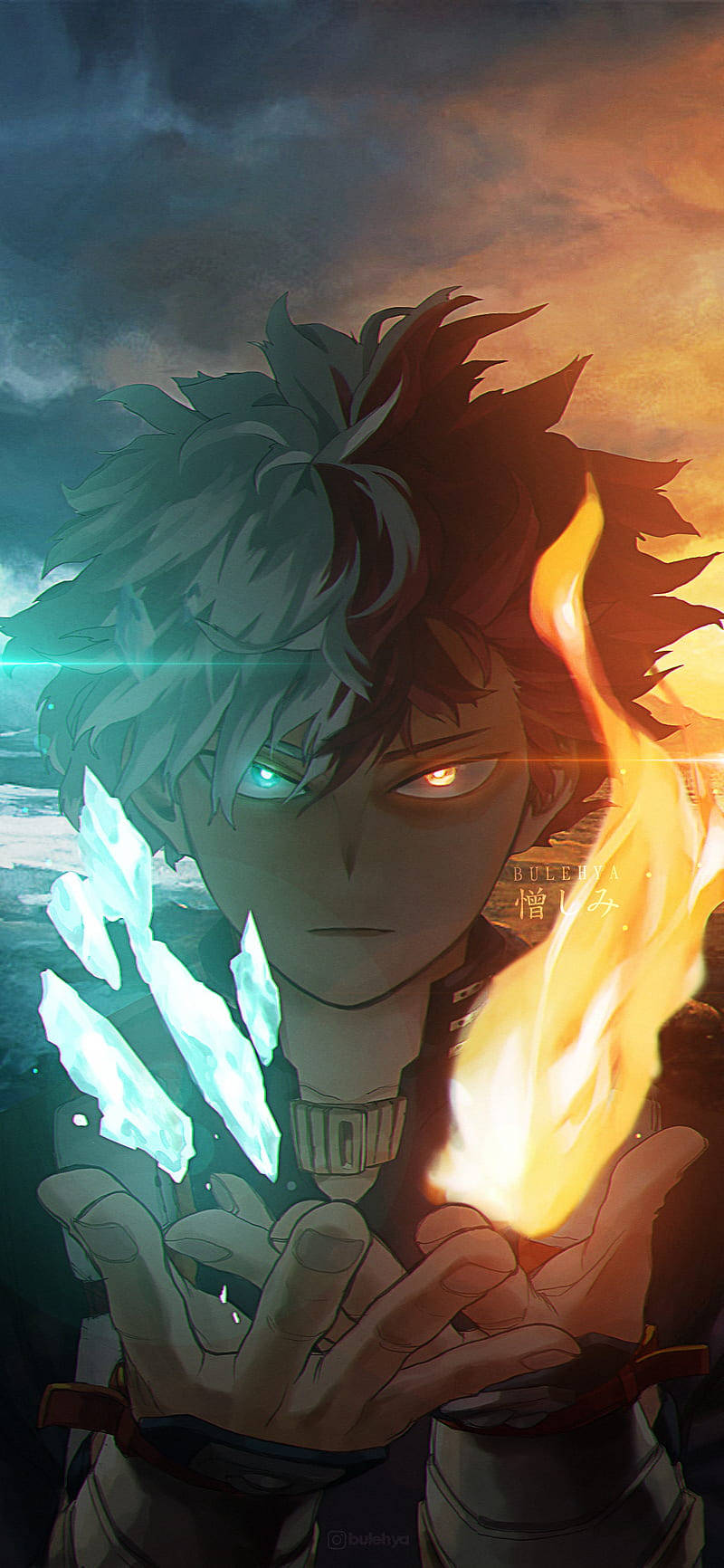Onderskrif: Intense Krag Drietal: Deku, Todoroki en Bakugou Muurpapier