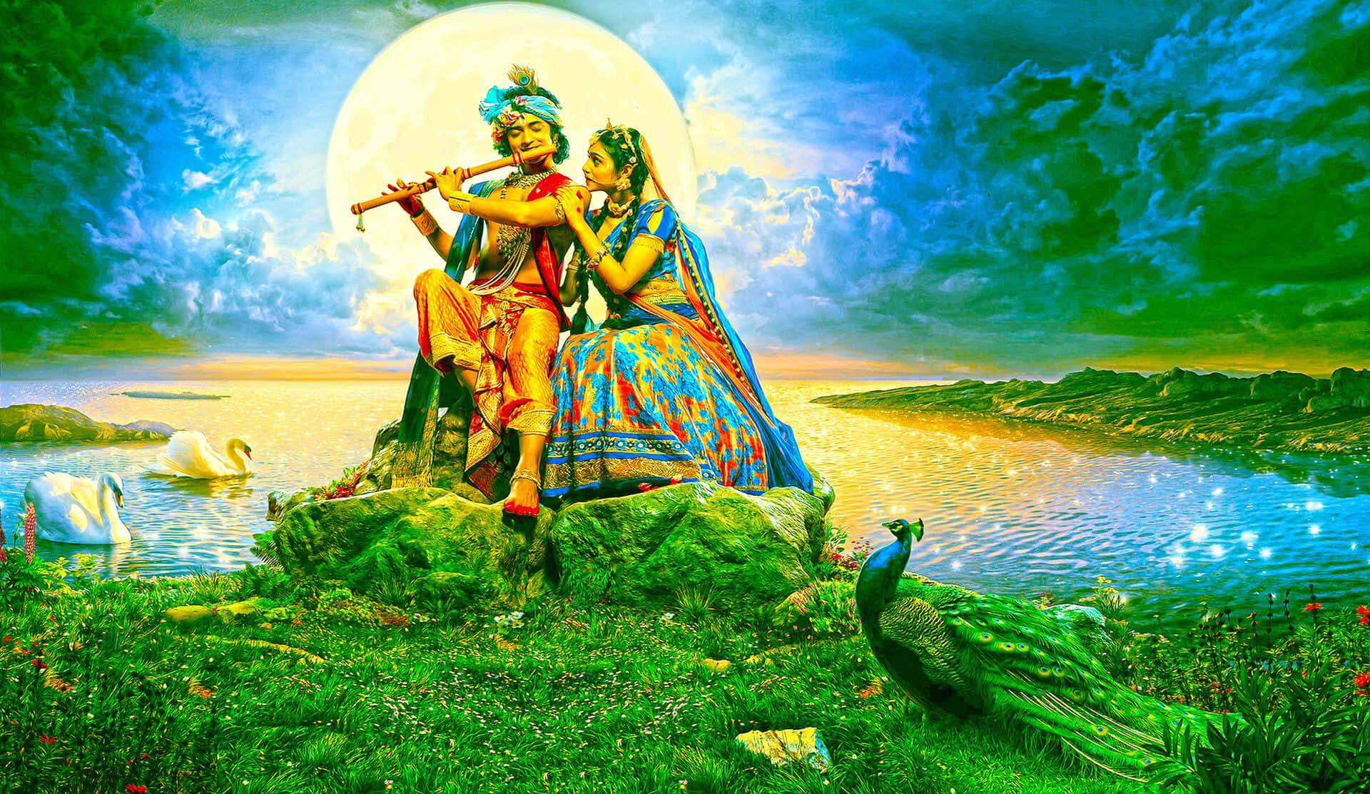 Onderskrif: Toewydende Elegansie van Radha Krishna se Goddelike Liefde Muurpapier