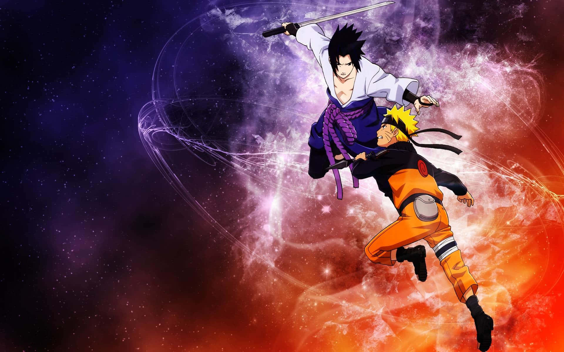 Onderskrif: Uzumaki Naruto & Uchiha Sasuke - Intense Geveg Onder die Maanlig Muurpapier
