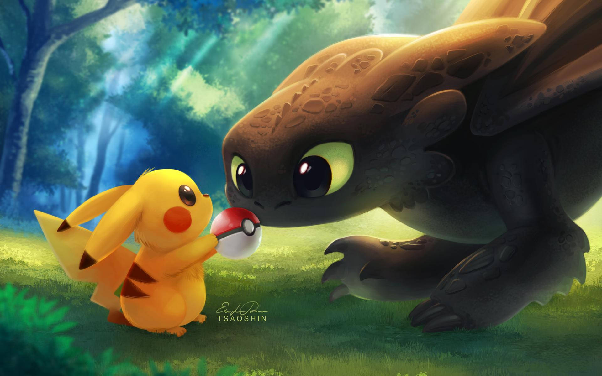 Ondersteuning vir twee regte legendes – Pikachu en Toothless. Muurpapier