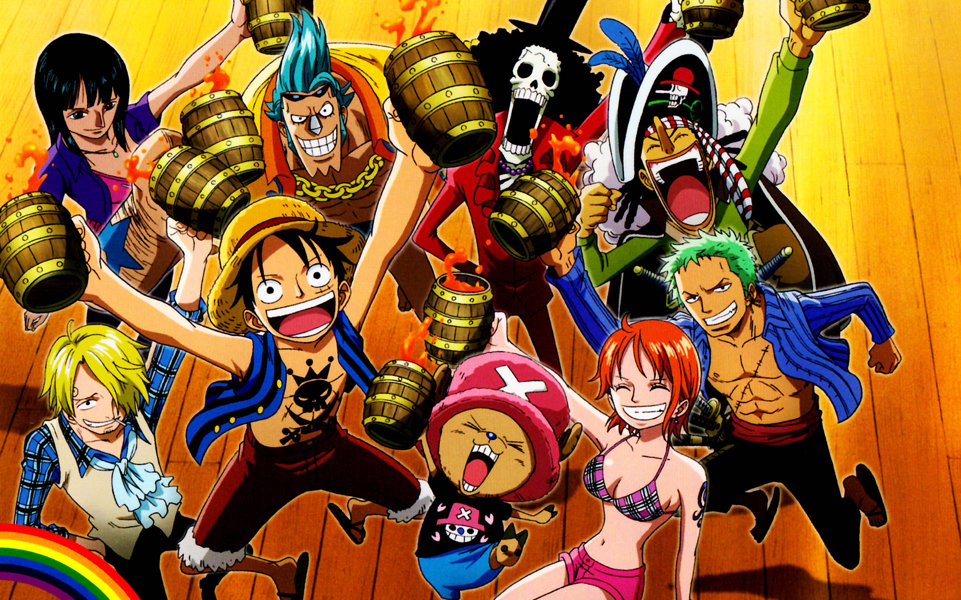 One Piece 4K Houtvate Bekers Muurpapier