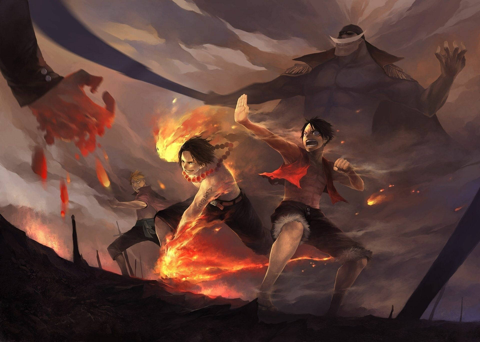 One Piece Bureaublok Luffy Ace Sabo Geveg Muurpapier