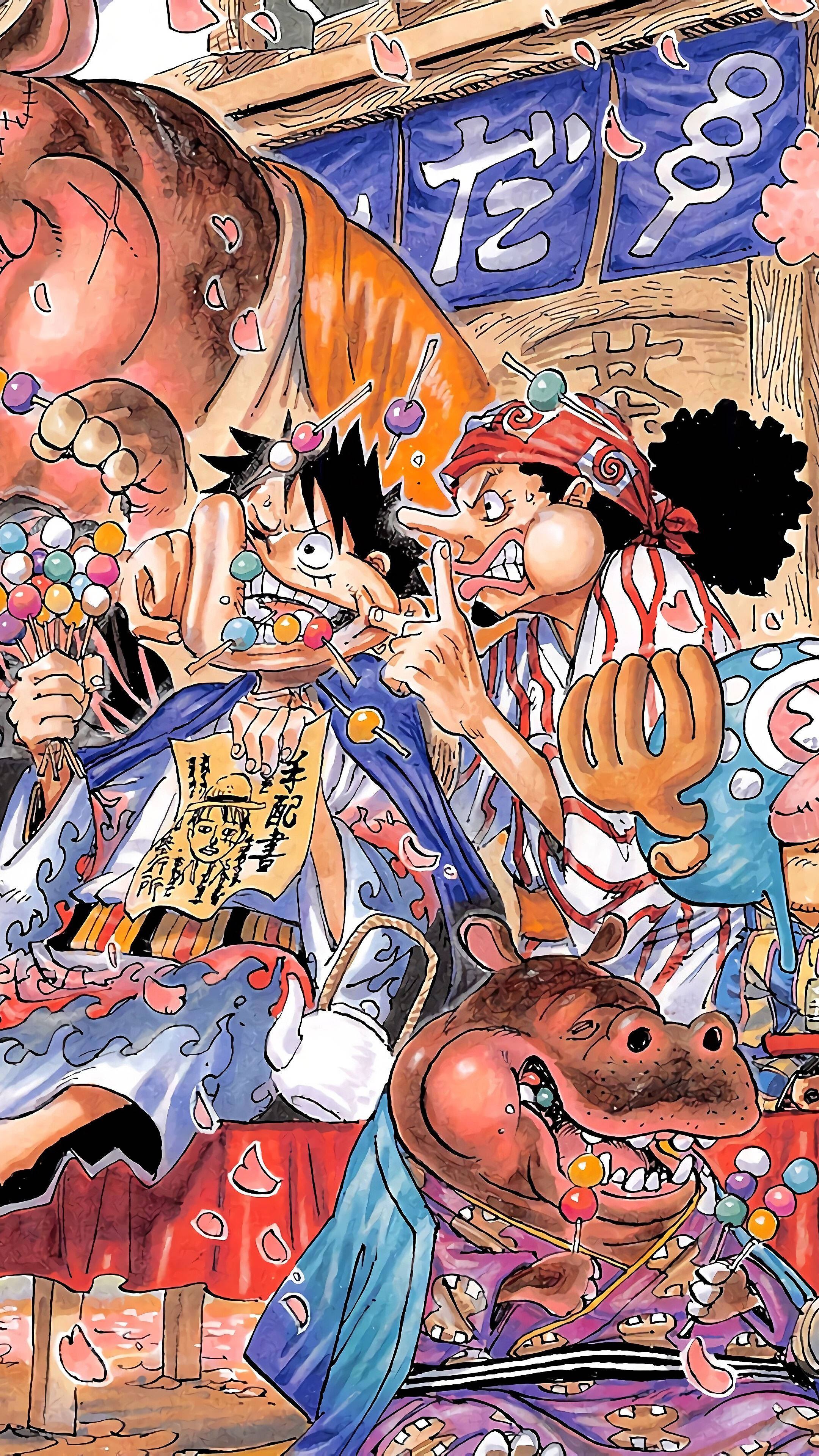 One Piece Foon Luffy en Usopp Eet Dango Muurpapier