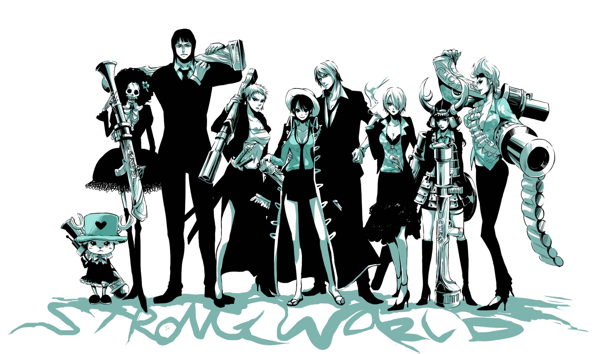 One Piece karakters in pakke met skaduwees wat 'Strong World' spel agtergrond.