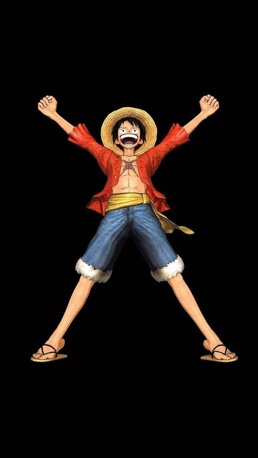 Glimlaggende en opgewonde Luffy in 'n portret One Piece-agtergrond.