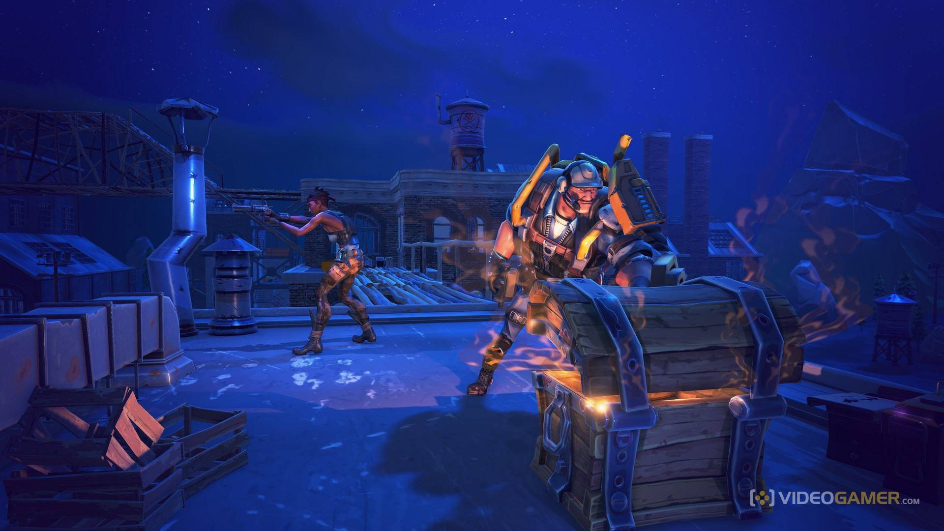 Twee spelers wat 'n skatkis in Fortnite-agtergrond vind.